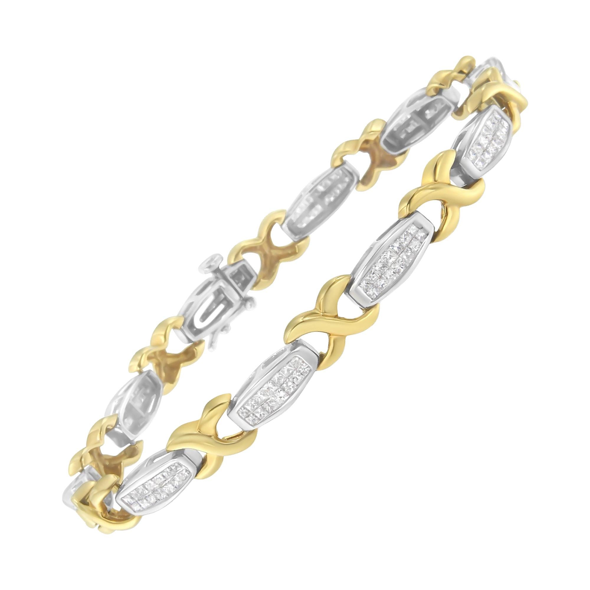 14k Two Tone Gold 2 Cttw Invisible-Set Diamond X-Link Tennis Bracelet