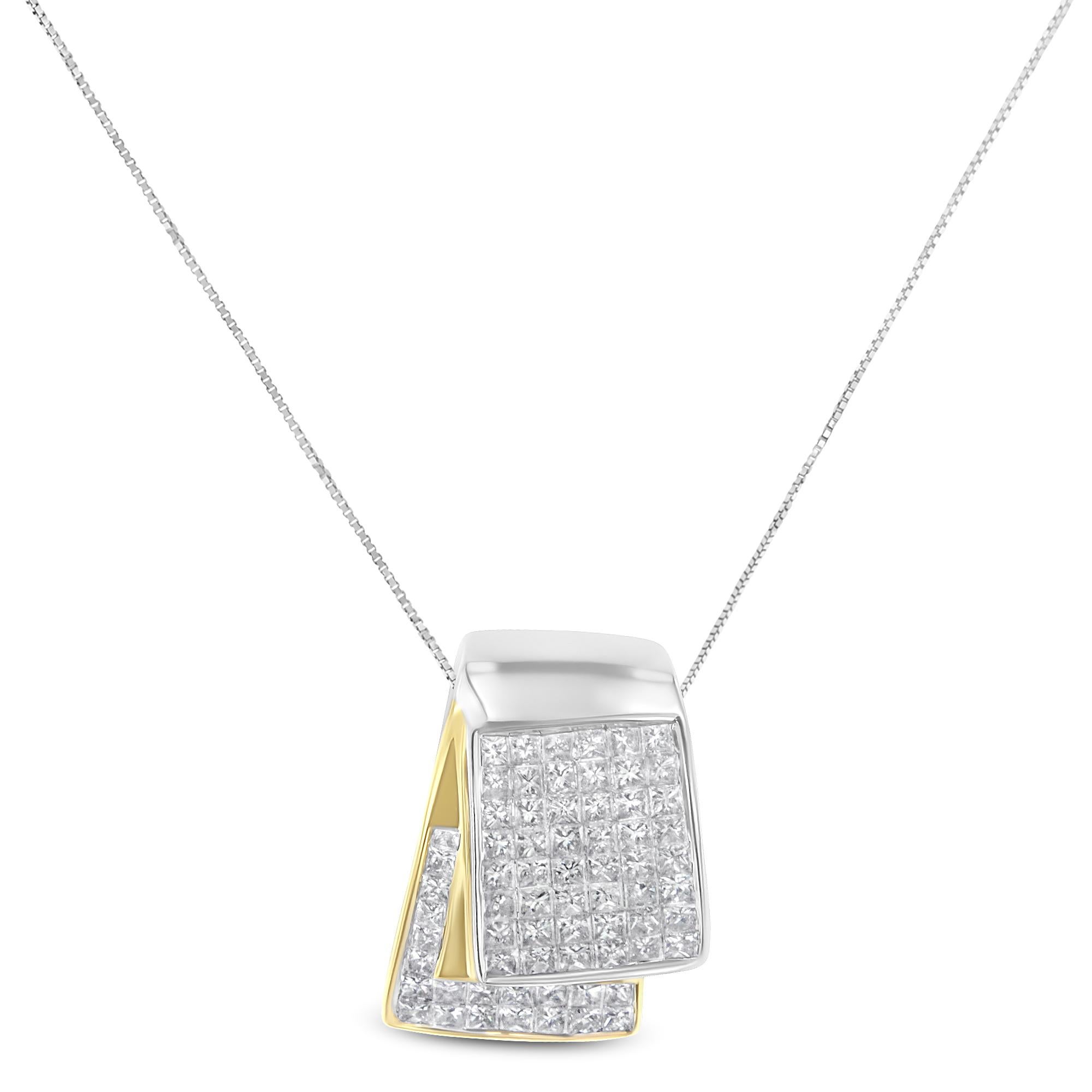 Hanging from a delicate box chain necklace is a 14k two toned gold pendant. A classic feminine piece to show off, this necklace will complement all sorts of outfits. With a unique folded design, the pendant is inlaid with 2ct princess cut diamonds