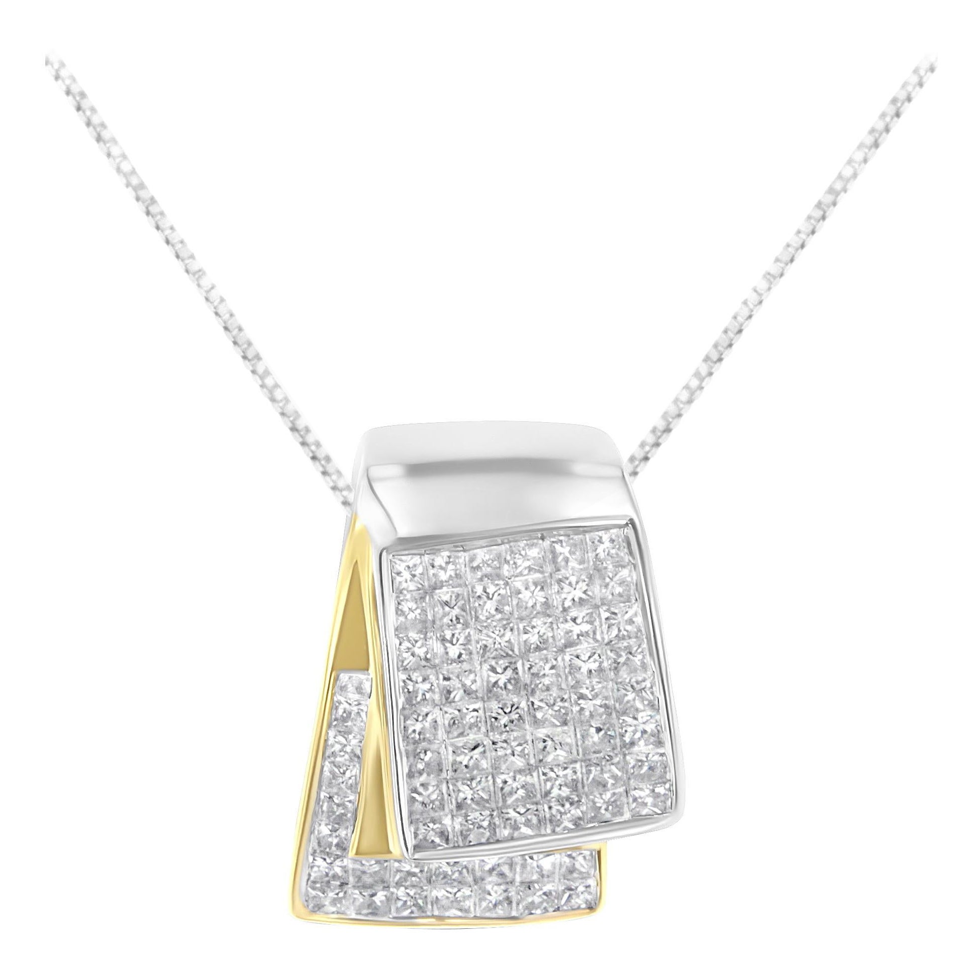 14 Karat zweifarbiges Gold 2,0 Karat Diamant-Kasten-Anhänger Halskette im Angebot