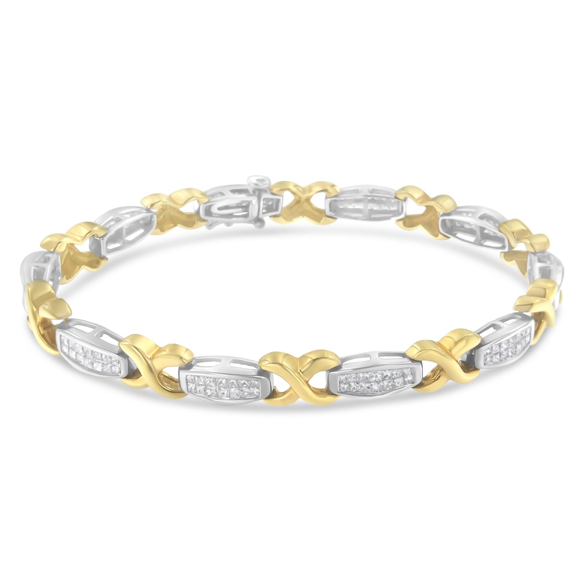 Fashioned in 14k yellow and white gold, this gorgeous bracelet twinkles with long rectangular white gold links embellished with sparkling princess cut, invisible set diamonds, alternating with yellow gold 