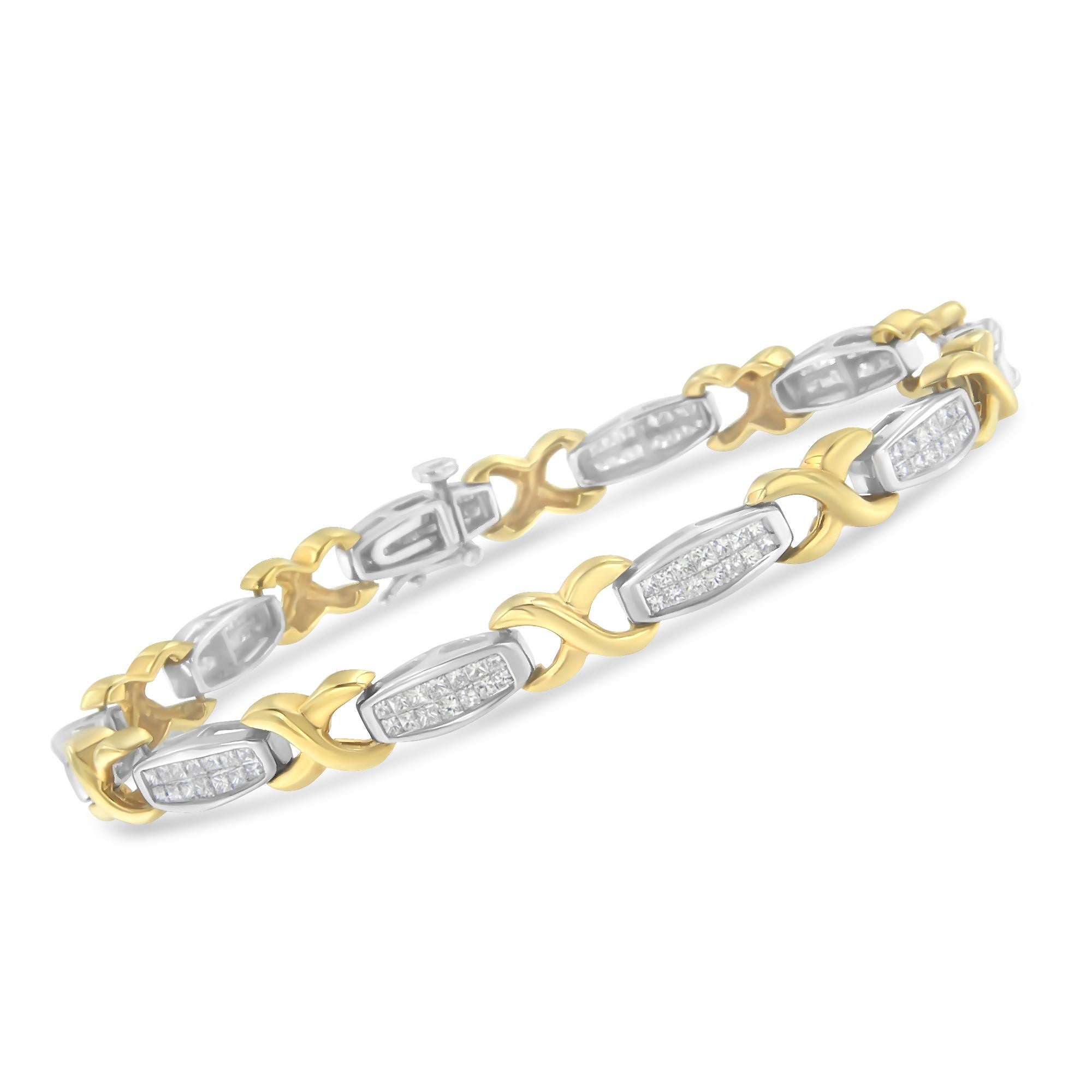 Contemporary 14k Two Tone Gold 2.0 Carat Invisible-Set Diamond X-Link Tennis Bracelet For Sale