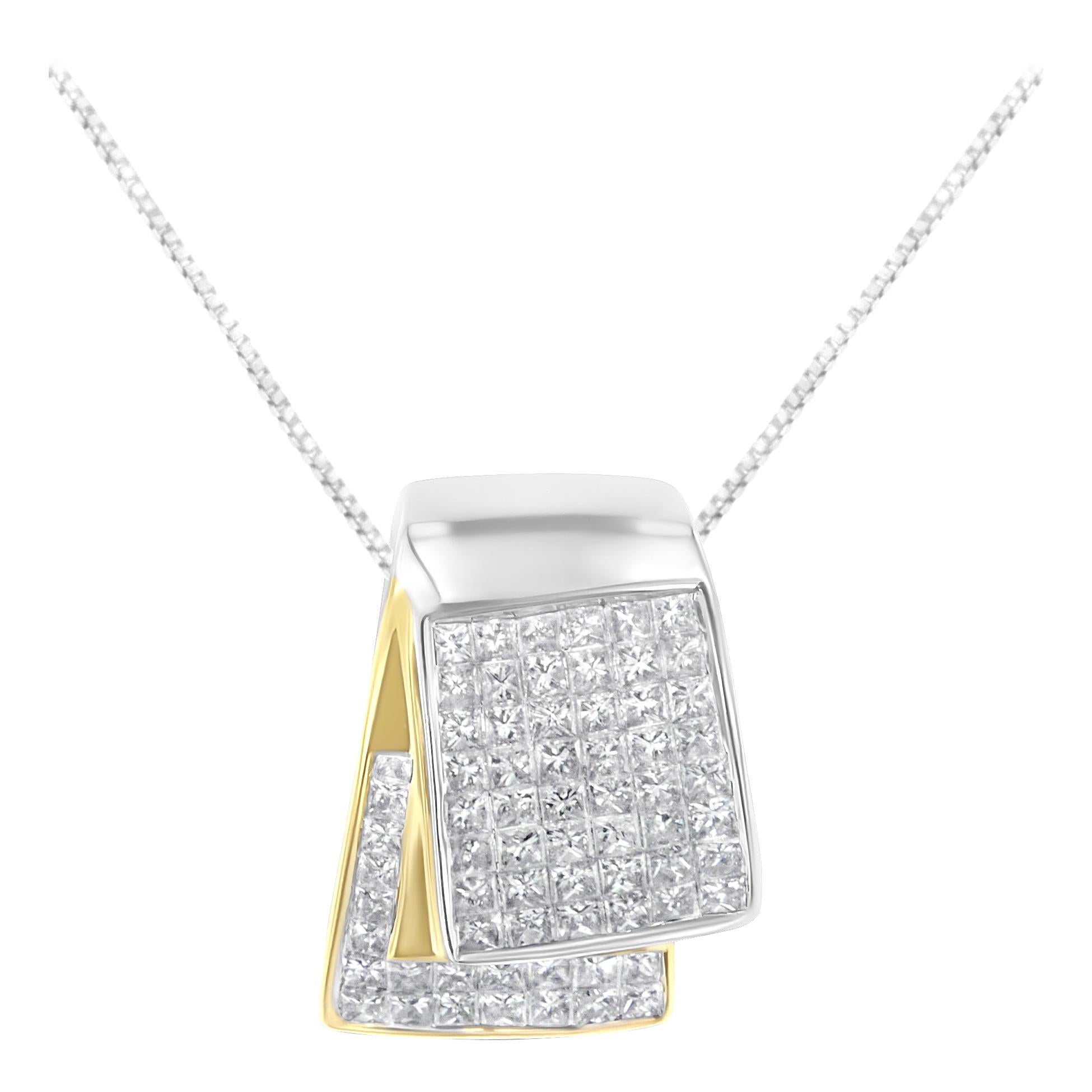 14K Two-Tone Gold 2 Carat Diamond Box Pendant Necklace