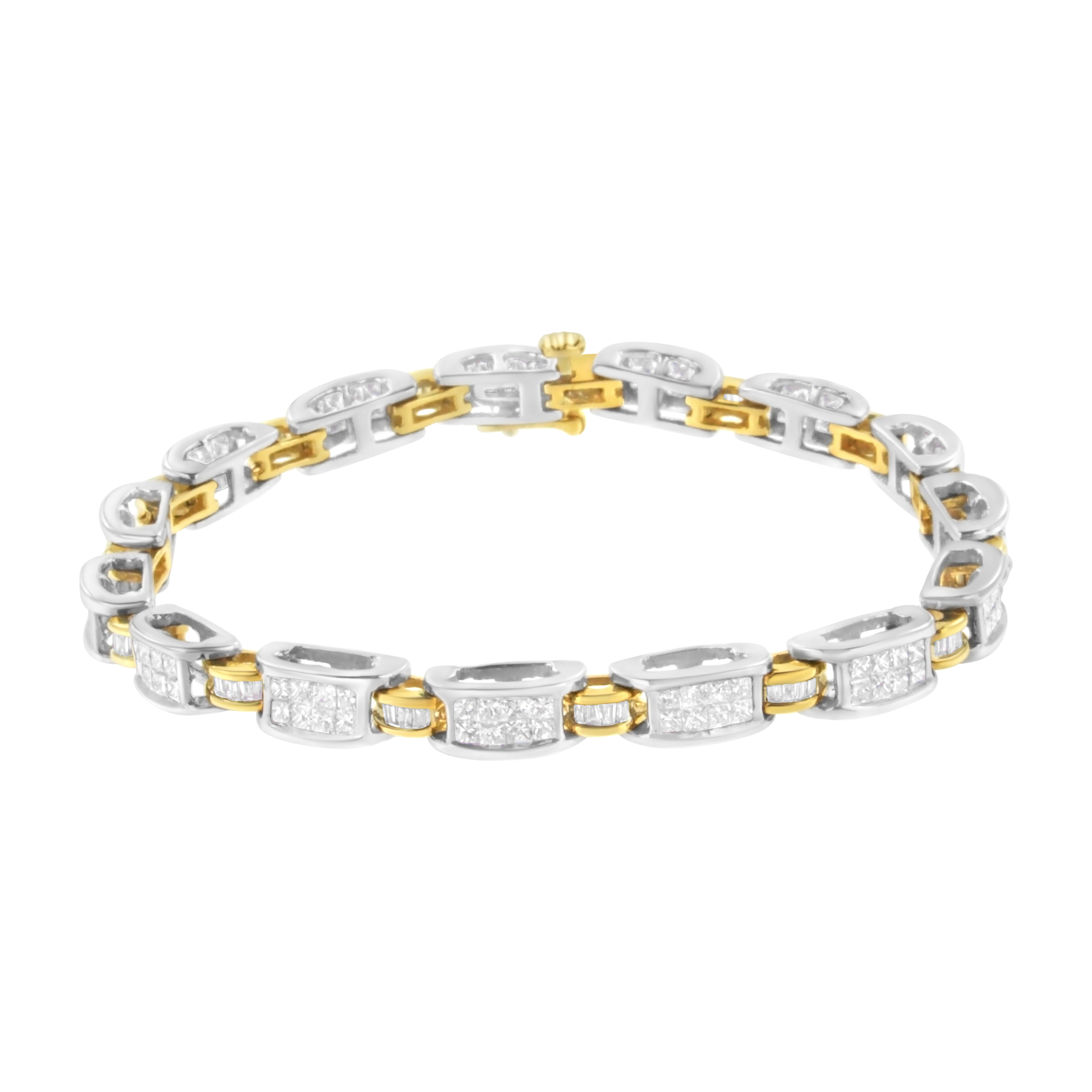 Bump up your personal style with the handsome look of this two-tone bracelet. The bracelet features diamonds cut in rare baguette cut for added spark. Diamond links are encased in a 14k yellow gold casing that keeps it from snagging on clothing. The