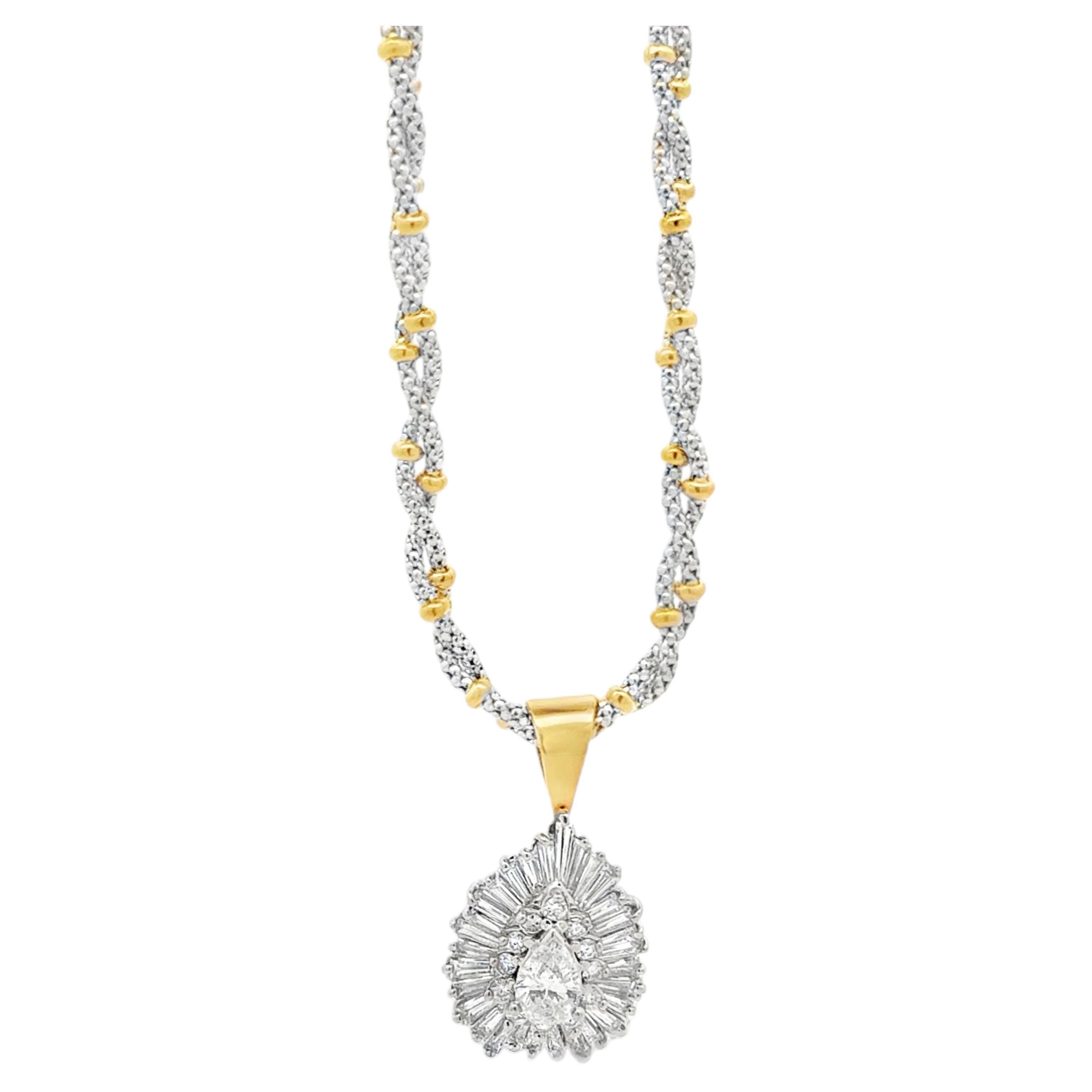 14k Two-Tone Gold 3.00ctw Pear, Round & Baguette Diamond Pendant Necklace