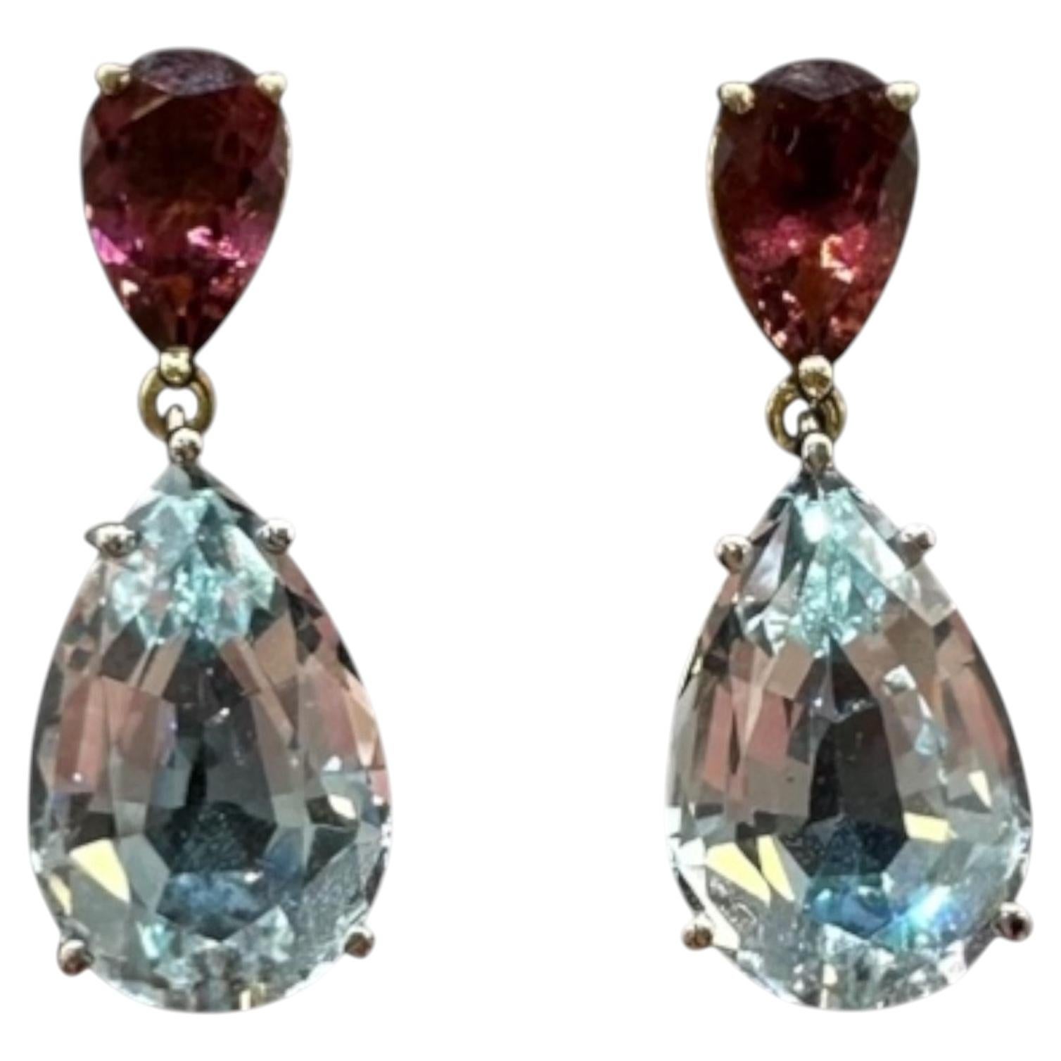 14K Two Tone Gold Aquamarine Rubellite Earrings 9.25ctw Pear