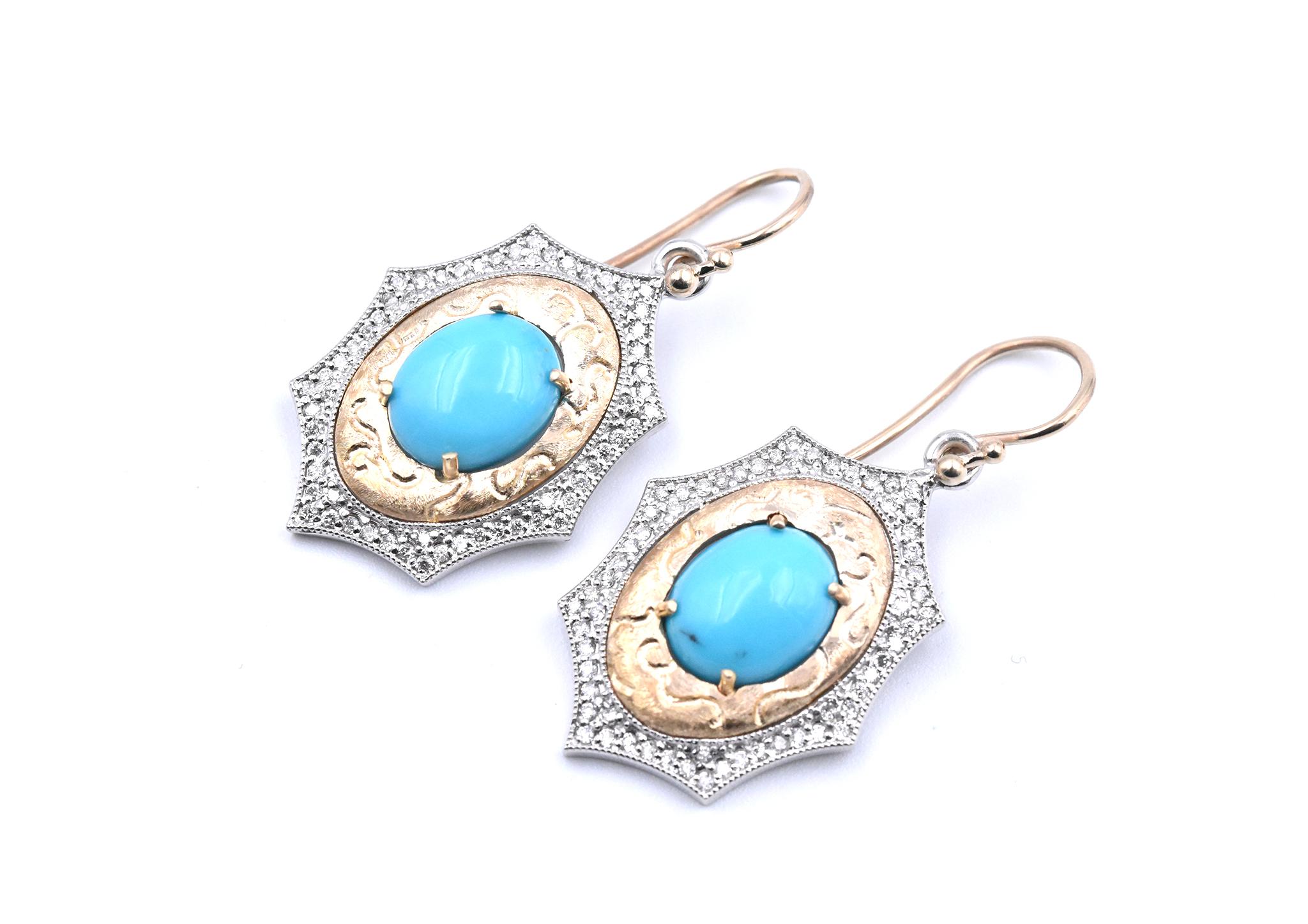 Designer: custom design
Material: 14k white/yellow gold
Turquoise: 2 oval cabochon Bisbee turquoise
Diamonds: round brilliant cuts = 1.10cttw
Dimensions: earrings measure 18.75mm x 37.60mm
Fastenings: French wire back
Weight: 10.97 grams
