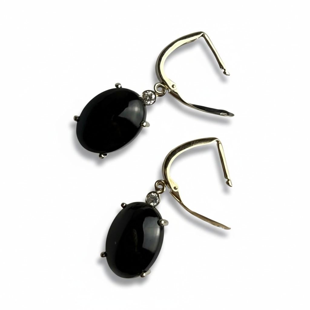 Moderno 14K Two-Tone Gold Black Onyx and Diamond Lever Back Drop Hoop Earrings in vendita