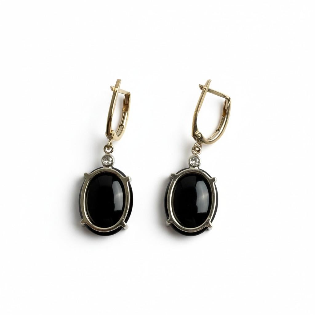Taglio ovale 14K Two-Tone Gold Black Onyx and Diamond Lever Back Drop Hoop Earrings in vendita