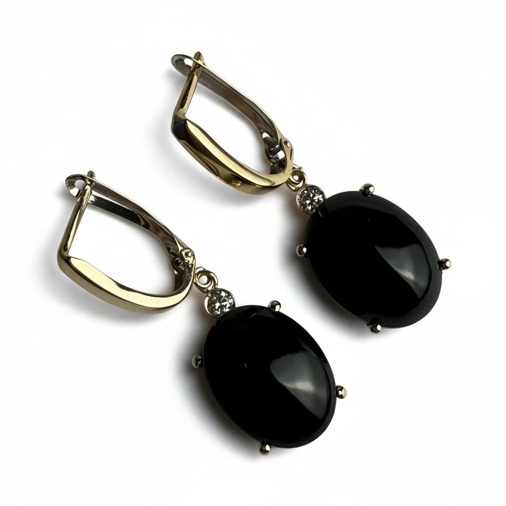Donna 14K Two-Tone Gold Black Onyx and Diamond Lever Back Drop Hoop Earrings in vendita