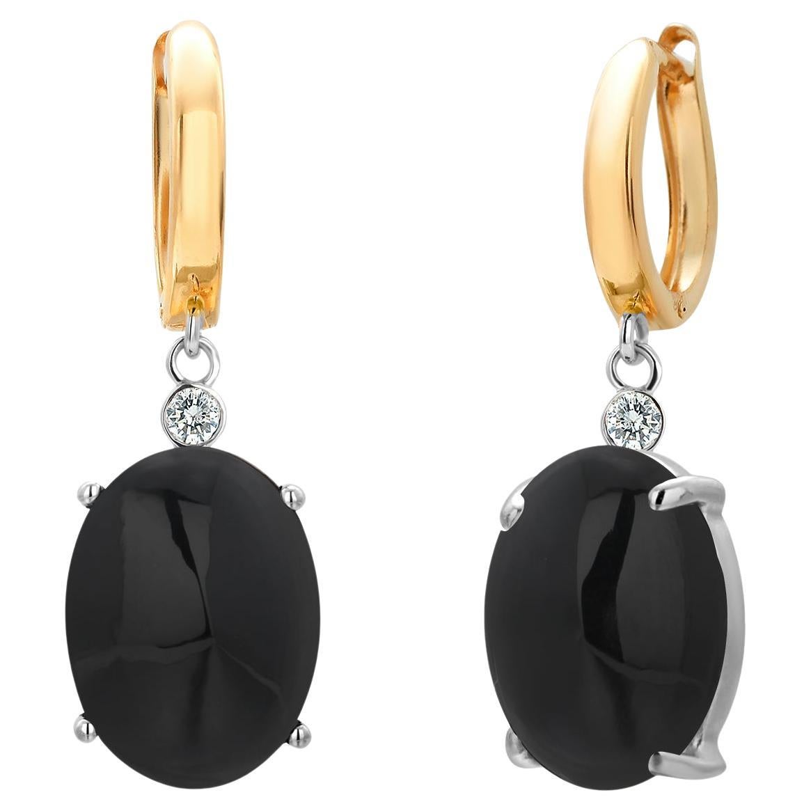 14K Two-Tone Gold Black Onyx and Diamond Lever Back Drop Hoop Earrings