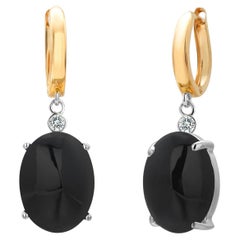 14K Two-Tone Gold Black Onyx and Diamond Lever Back Drop Hoop Earrings