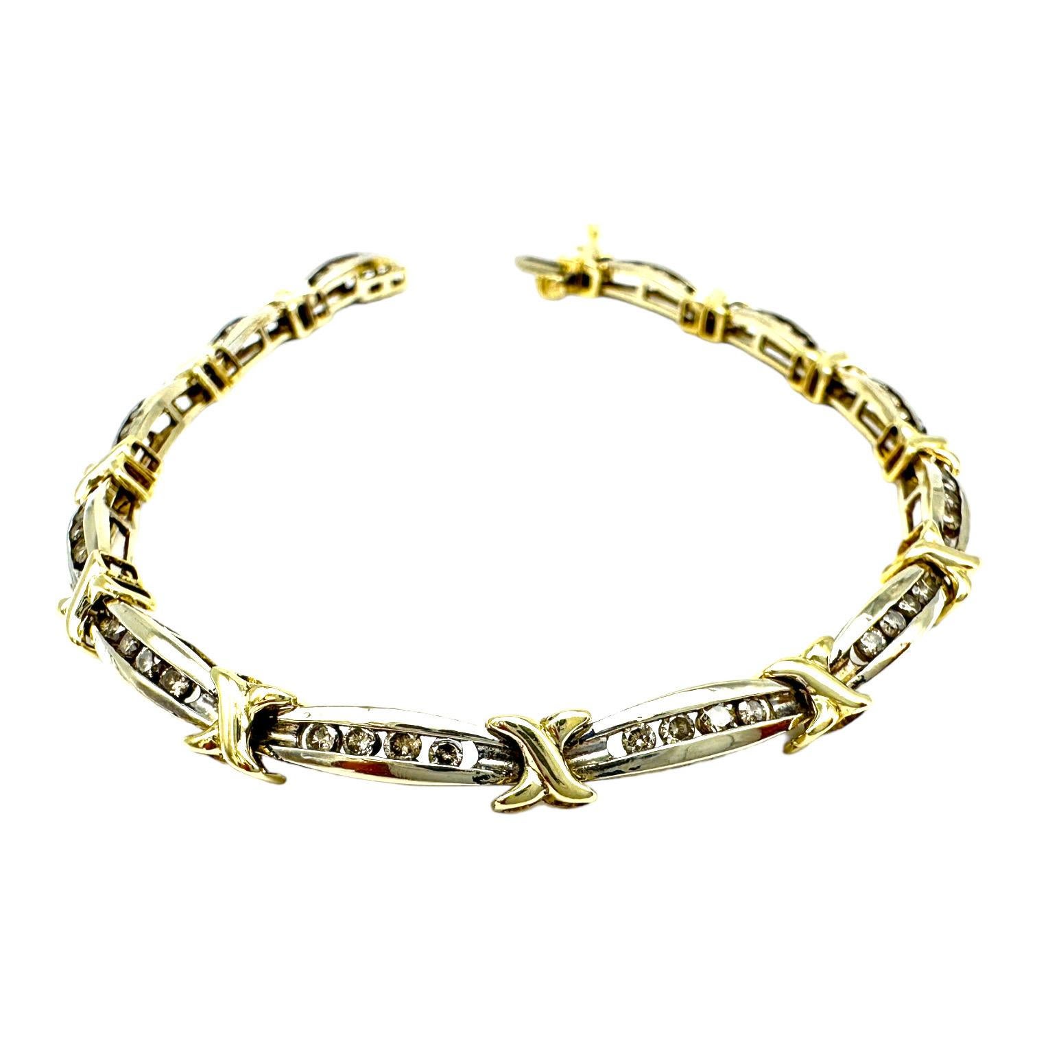 14K Two-Tone Gold Channel X Link 1.00 Carat Diamond Bracelet  For Sale