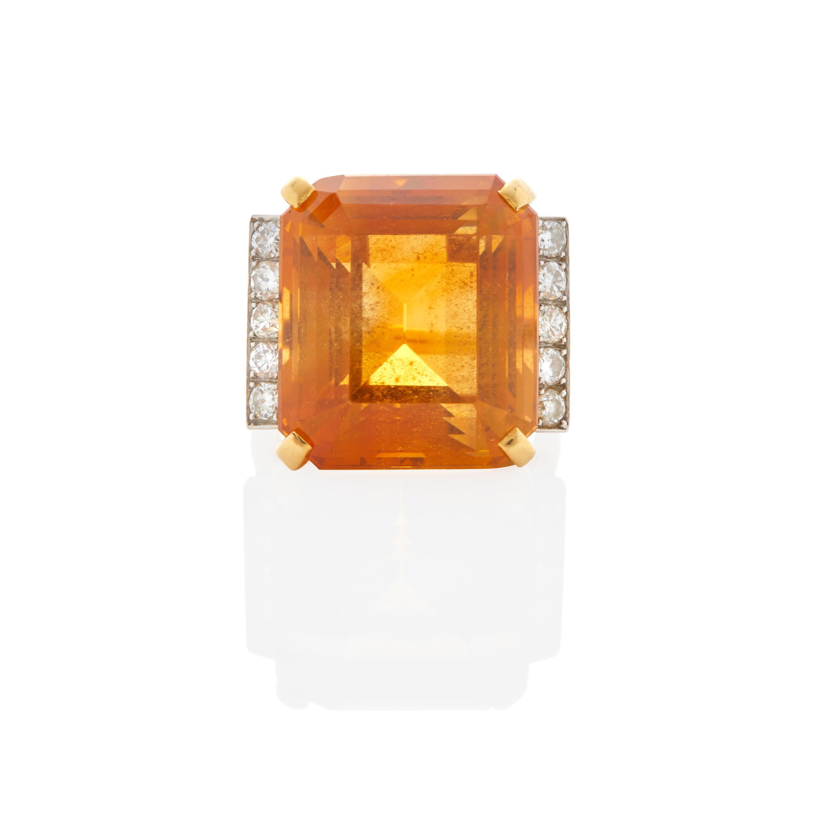 Emerald Cut 14k Two Tone Gold Citrine Cocktail Ring with Diamond Accents Size 6.5 For Sale