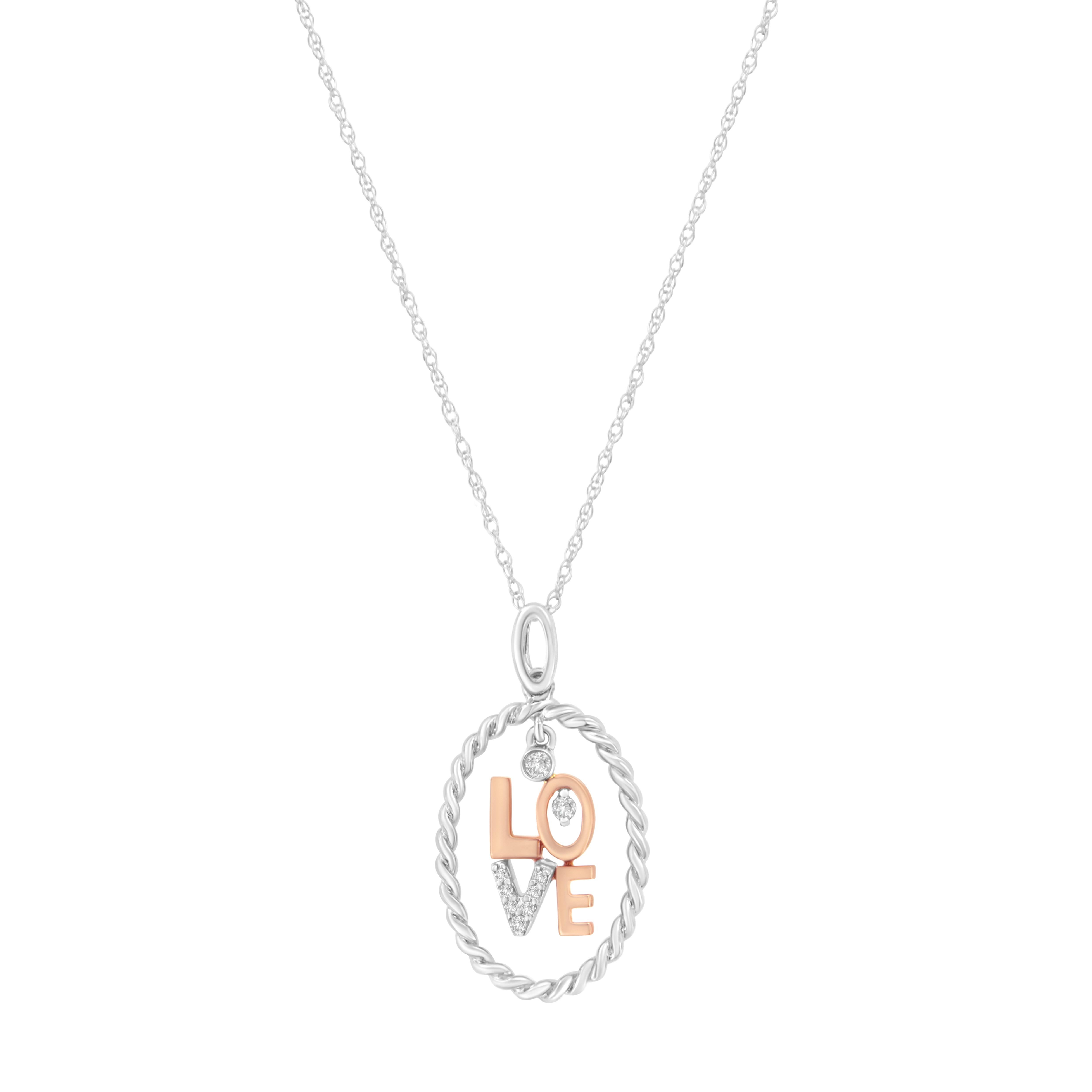 Express love and let love in with this diamond love pendant. Fashioned in 14 karat white and pink gold, this looping open circle is adorned with rope design and the word LOVE is spelled in the center with 9 round cut diamond accent embellishing the
