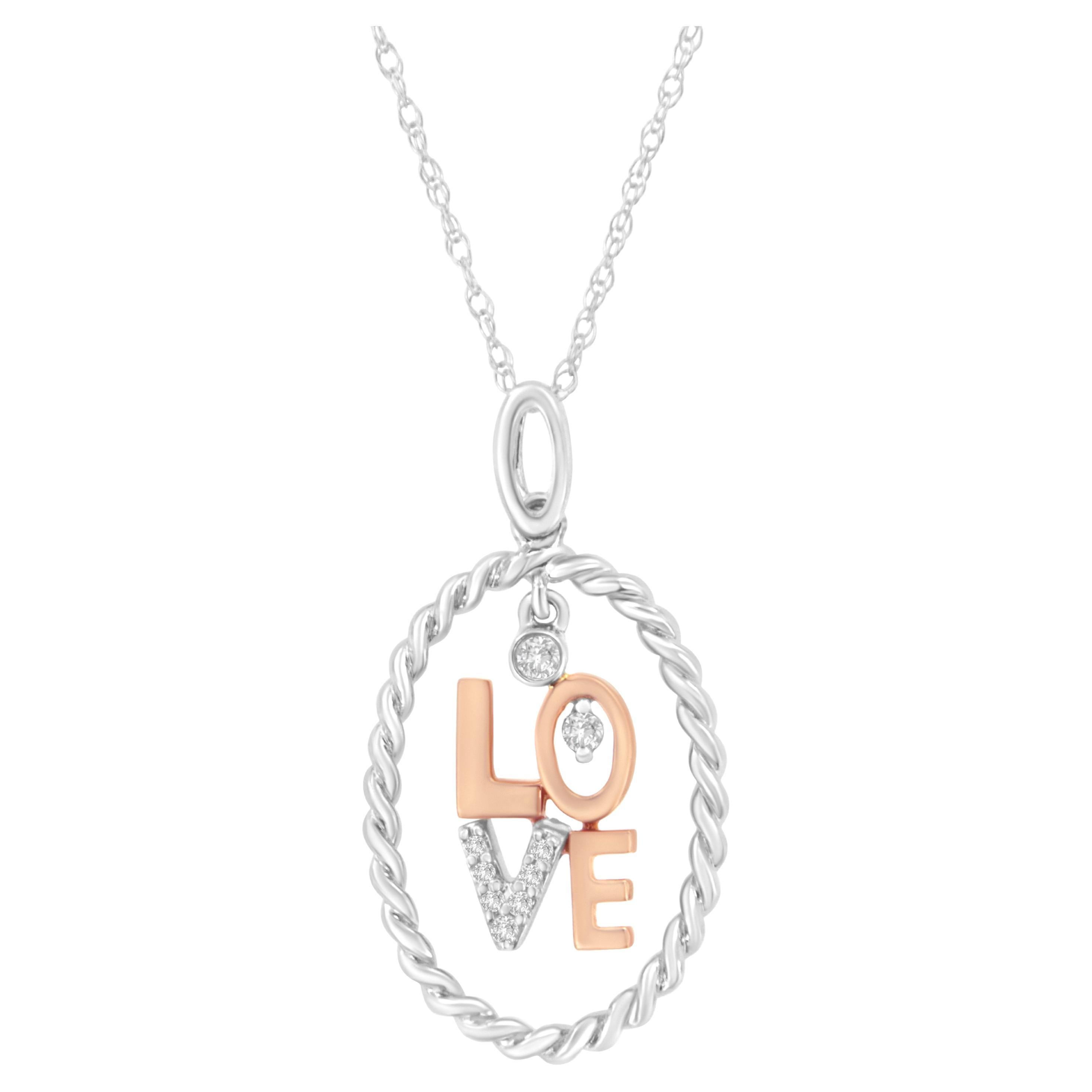 14K Two-Tone Gold Diamond Accent "Love" Pendant Necklace For Sale