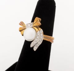 14K Two-Tone Gold, Diamond, and Pearl Bow-Form Cocktail Ring