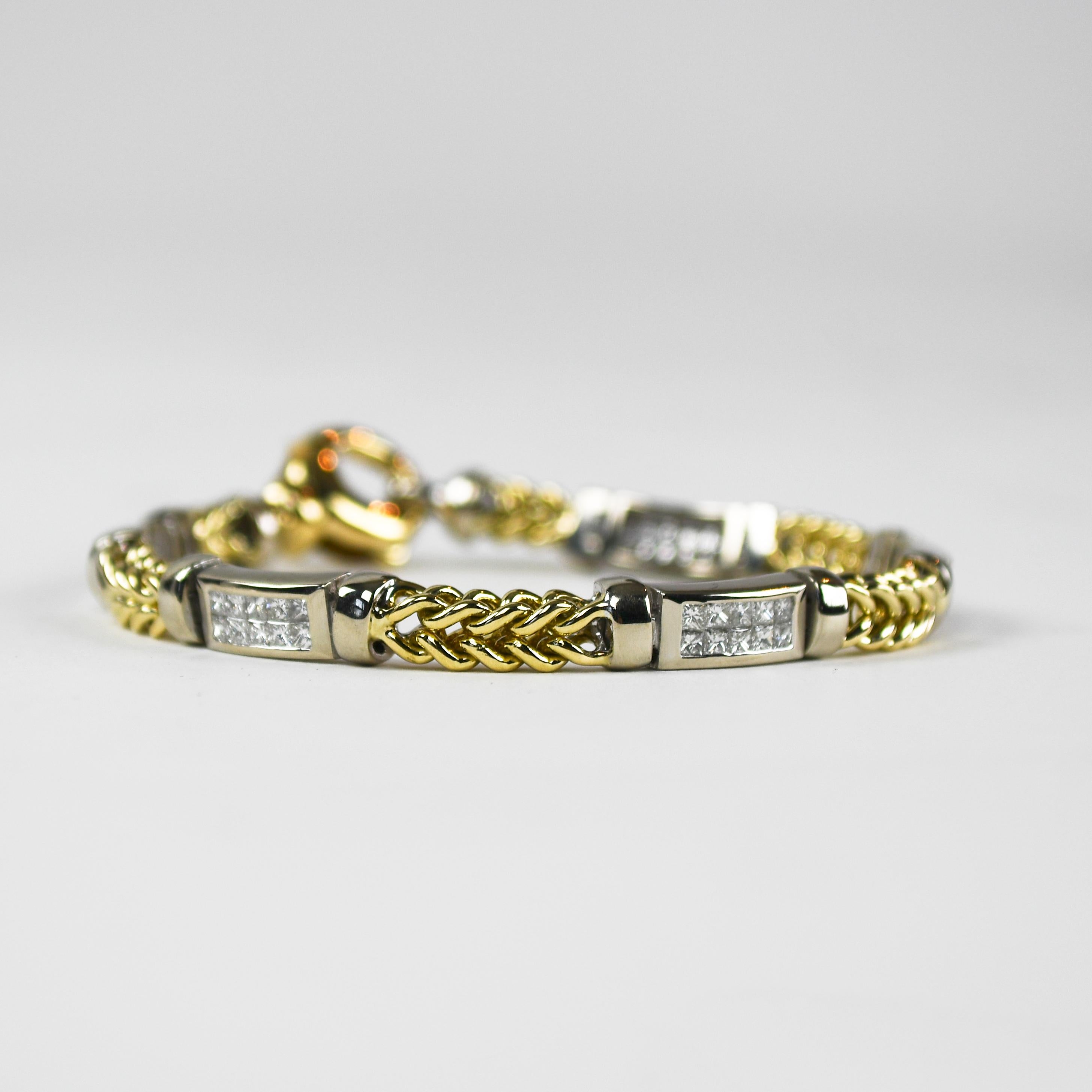 Taille ronde Bracelet en or bicolore 14 carats avec diamants 1,50 carat en vente