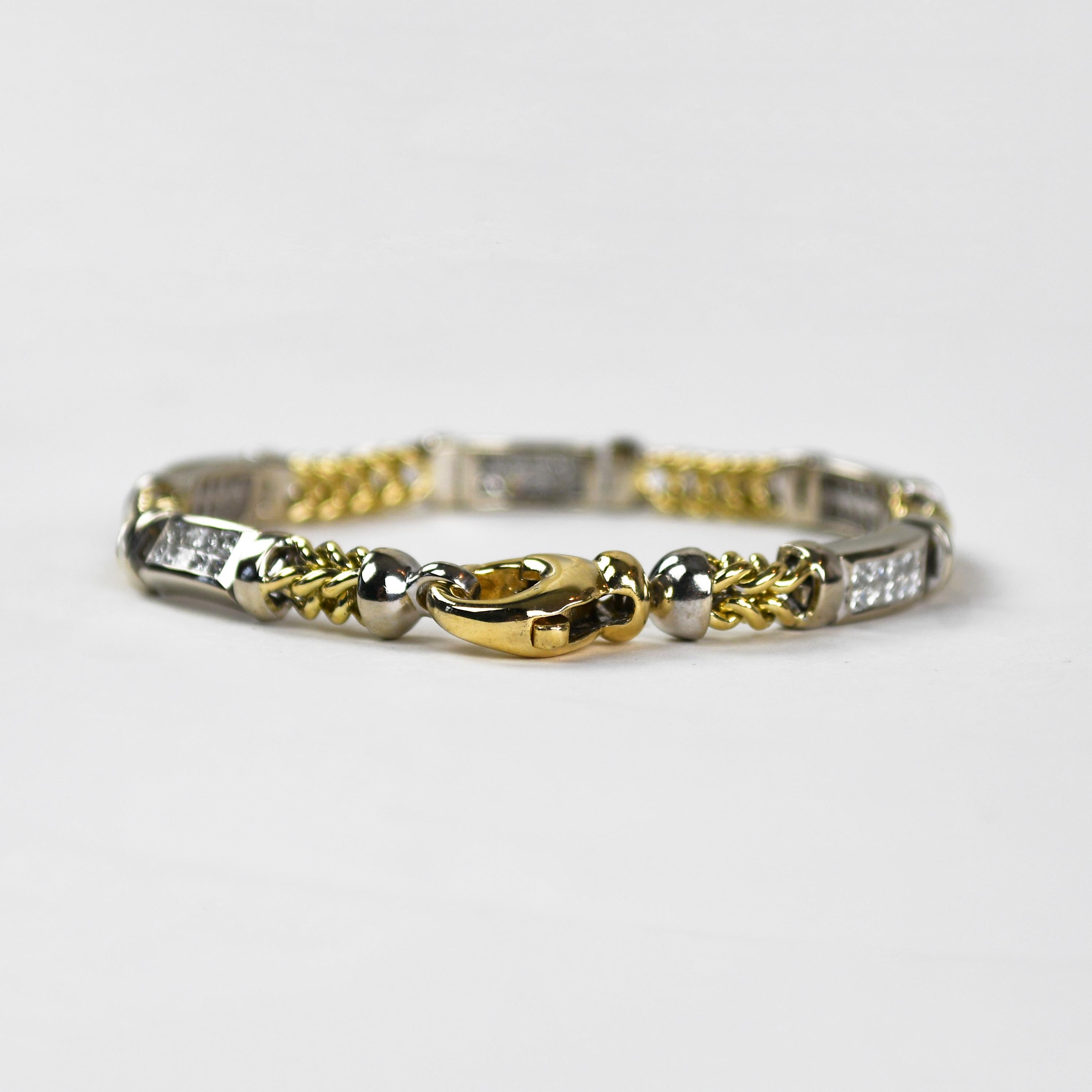 Bracelet en or bicolore 14 carats avec diamants 1,50 carat Excellent état - En vente à Laguna Beach, CA
