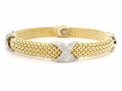 14k Two Tone Gold Diamond Figure X Woven Mesh Link 7" Chain Bracelet