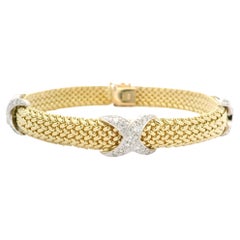 14k Two Tone Gold Diamond Figure X Woven Mesh Link 7" Chain Bracelet
