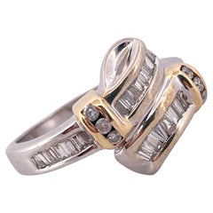 14K Two-Tone Gold Baguette Diamond Bypass Ring, 1980s, Unisex