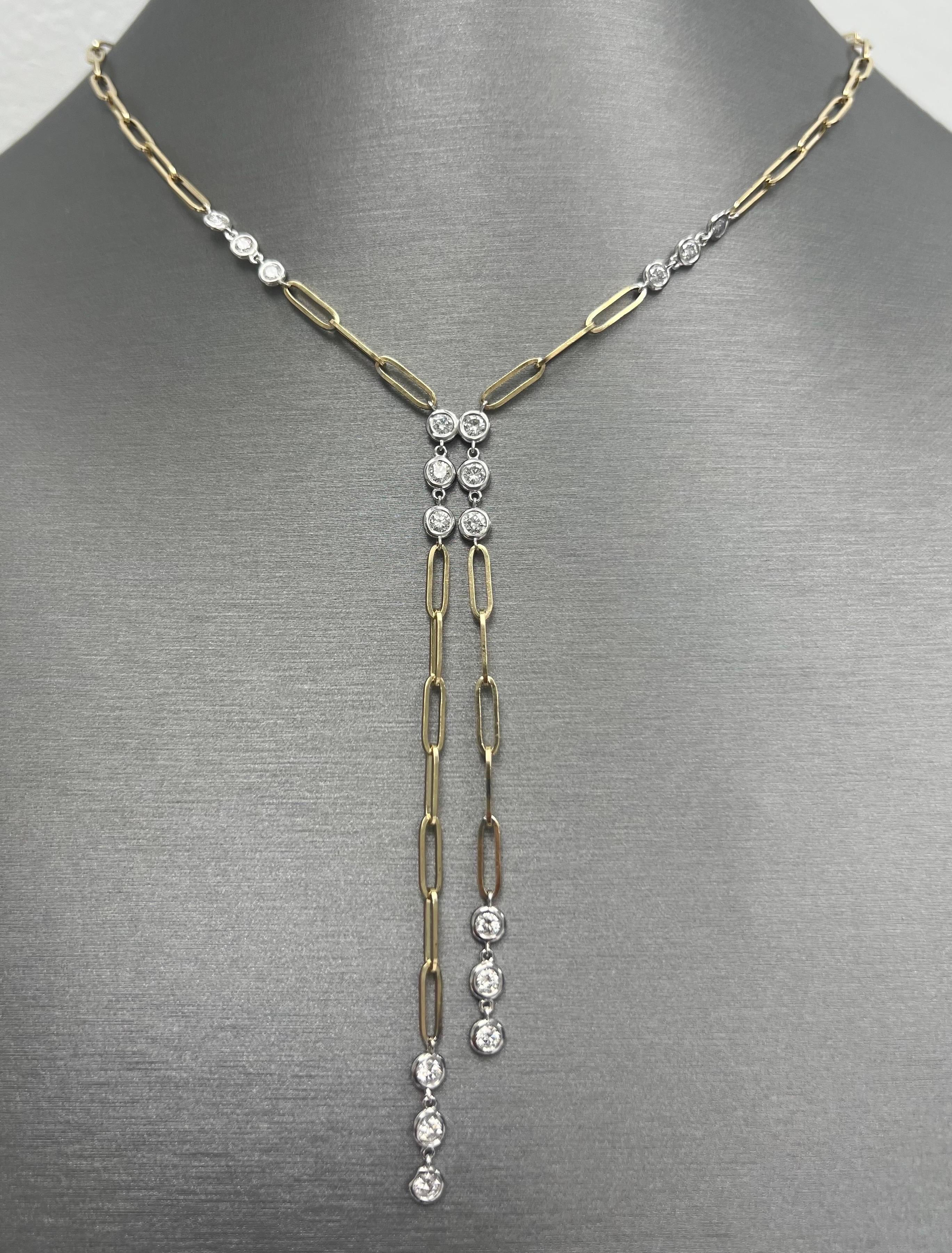 Round Cut 14K Two-Tone Gold Diamonds by the yard with Paper-Clip Chain/Necklace, 2CTW Diam For Sale