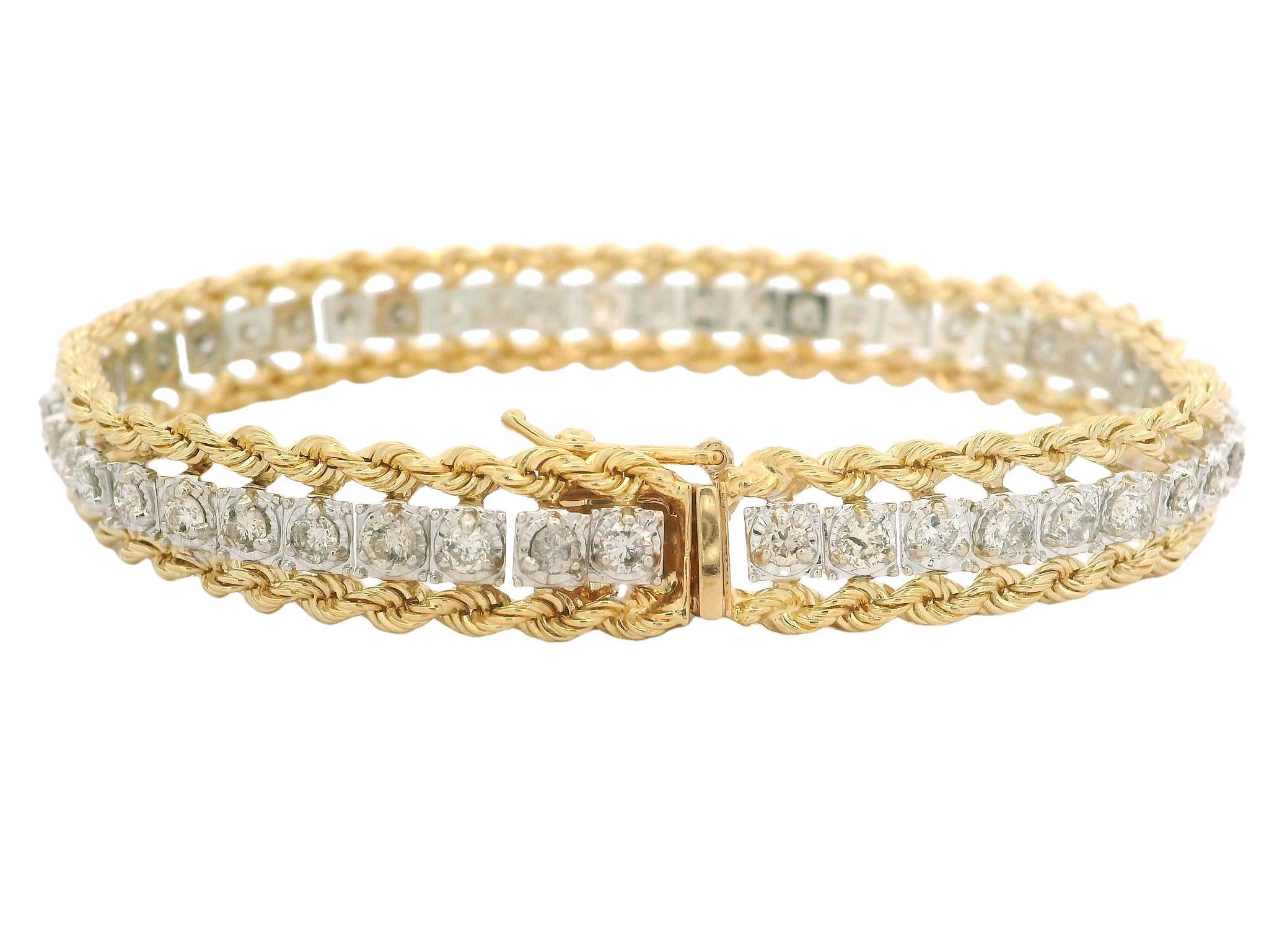 14k Two Tone Gold Dual Rope Link Bracelet 2.50ctw Diamond Center Line en vente 5