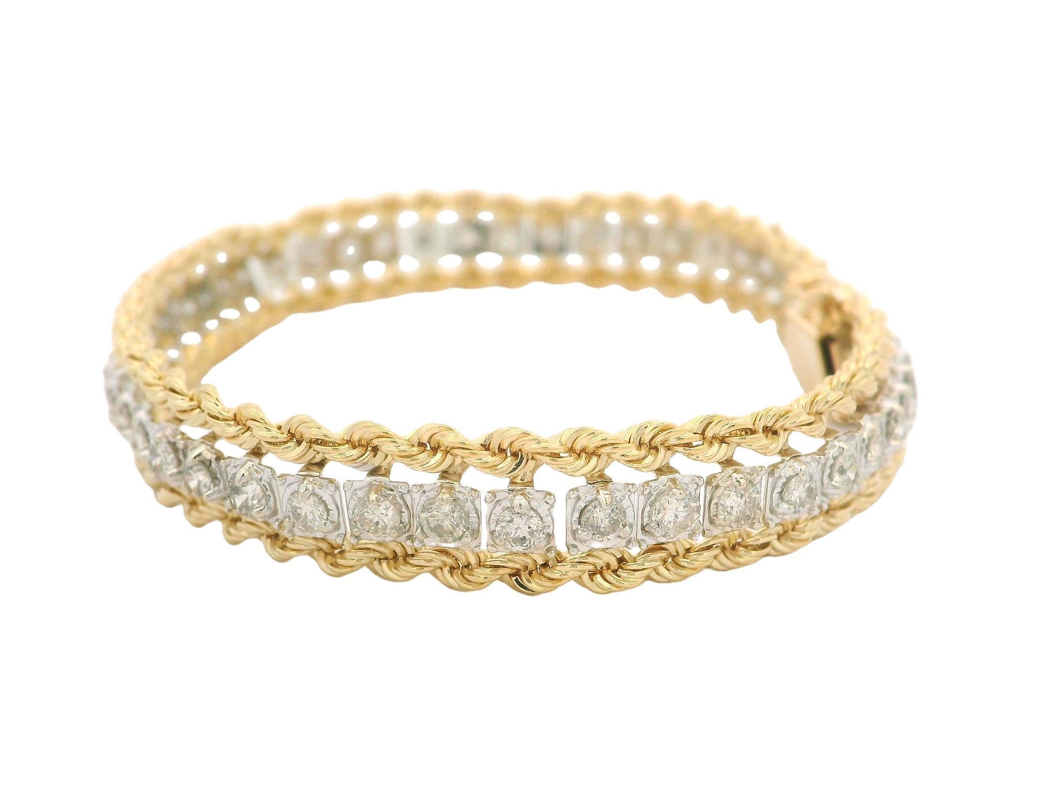 14k Two Tone Gold Dual Rope Link Bracelet 2.50ctw Diamond Center Line en vente 6