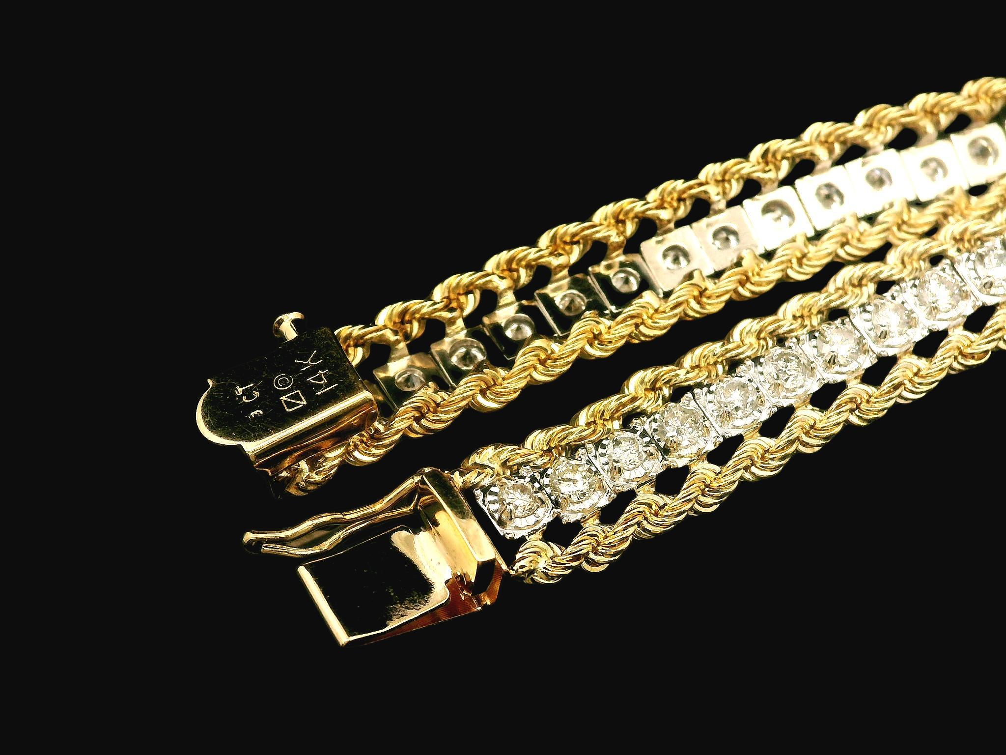 Taille ronde 14k Two Tone Gold Dual Rope Link Bracelet 2.50ctw Diamond Center Line en vente
