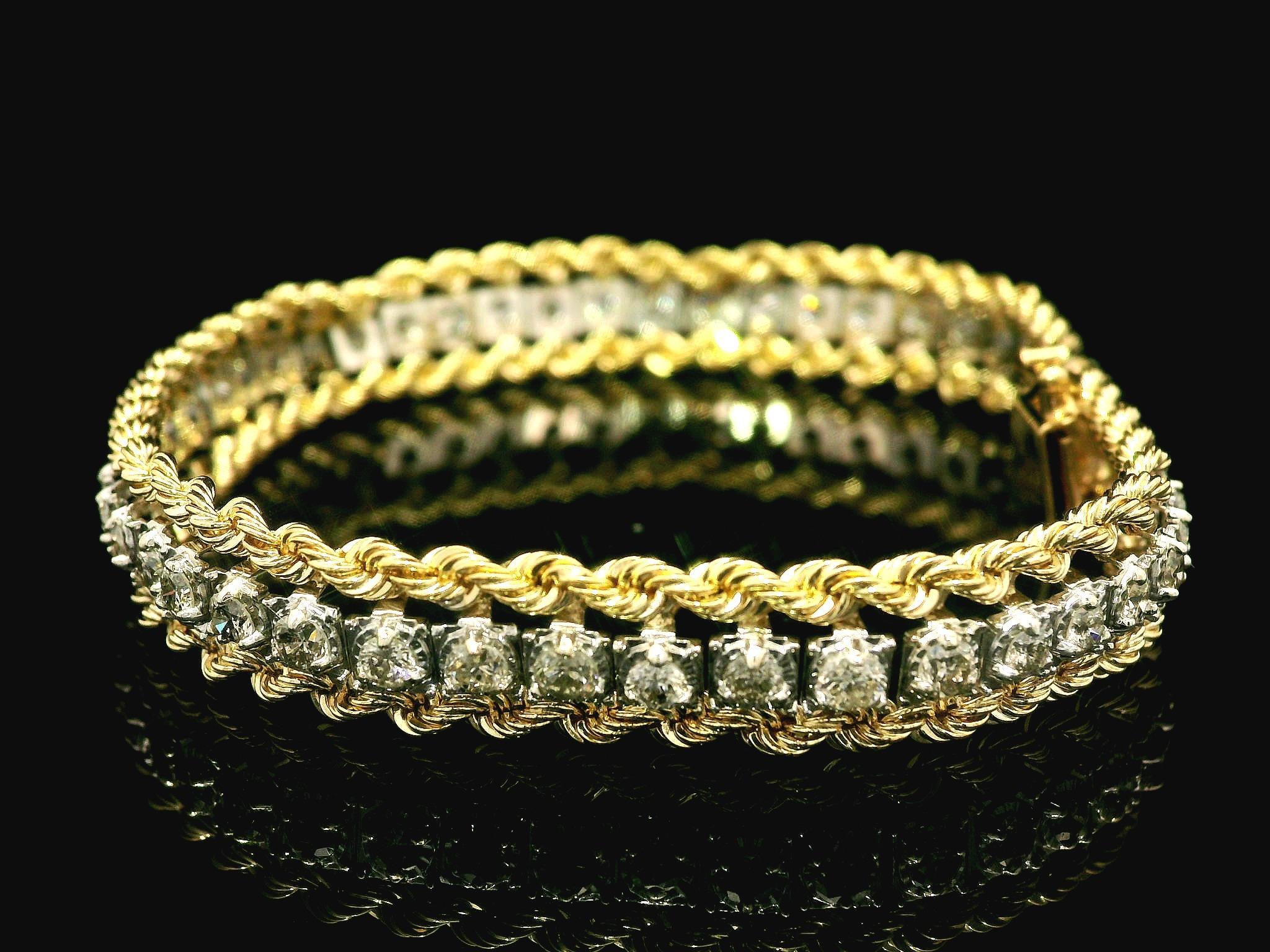 14k Two Tone Gold Dual Rope Link Bracelet 2.50ctw Diamond Center Line en vente 2