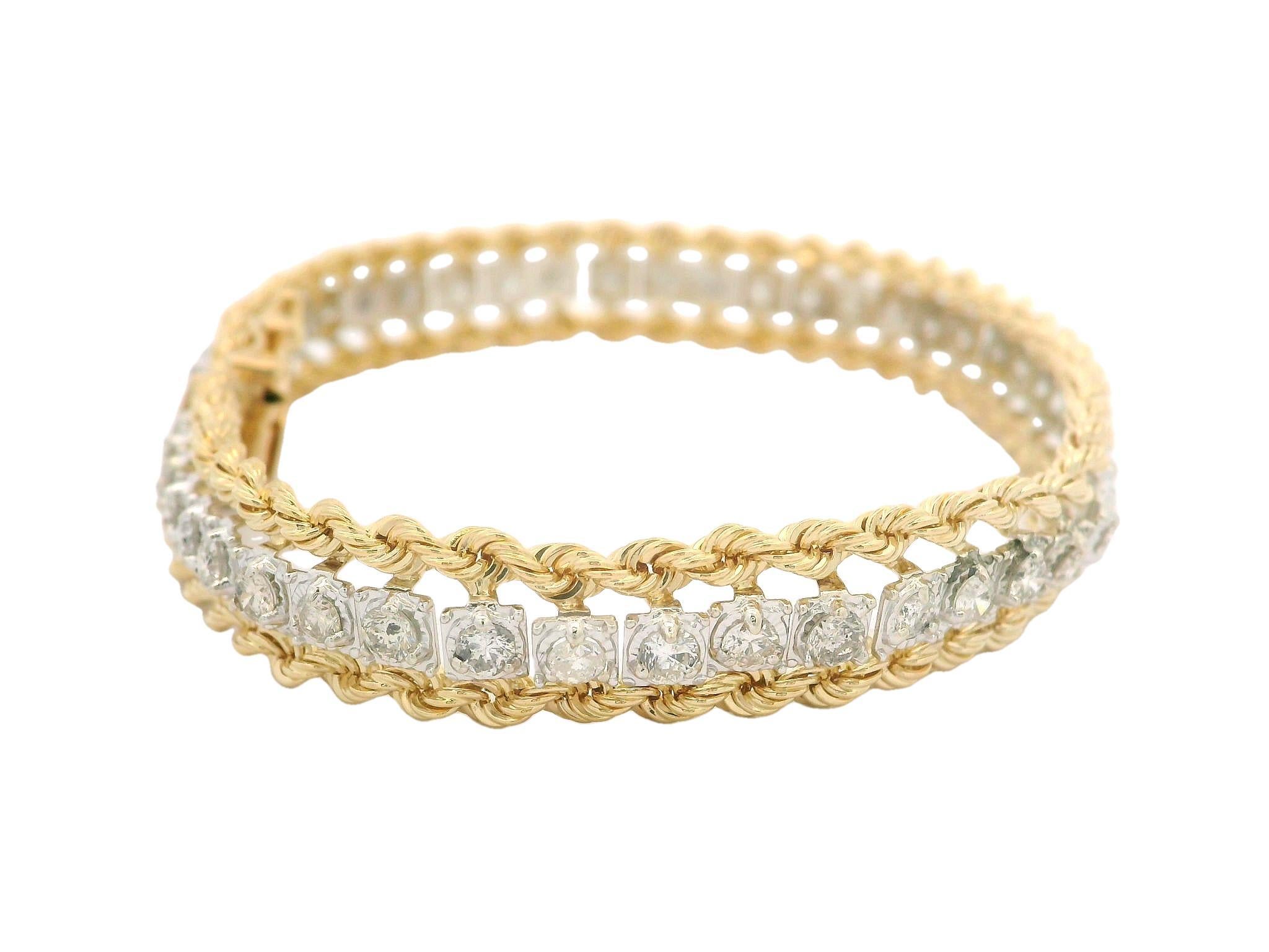 14k Two Tone Gold Dual Rope Link Bracelet 2.50ctw Diamond Center Line en vente 4