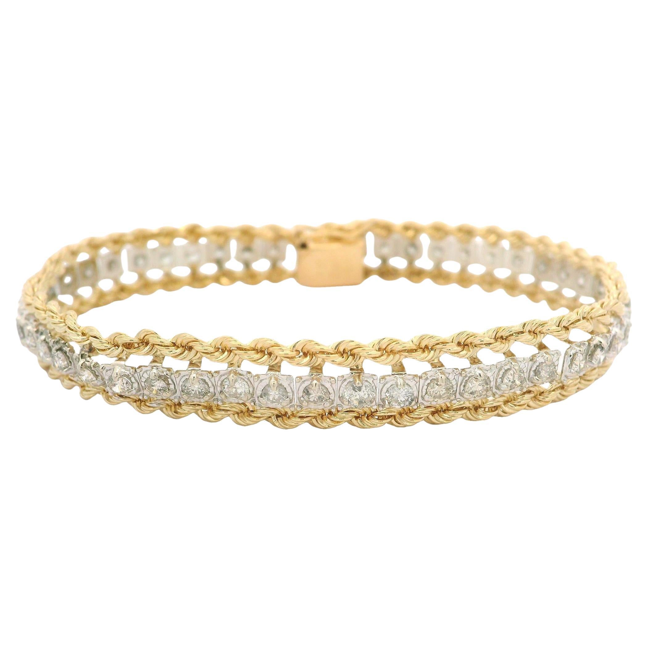 Pulsera de eslabones de doble cuerda de oro bicolor de 14k Línea central de diamantes de 2,50 ctw