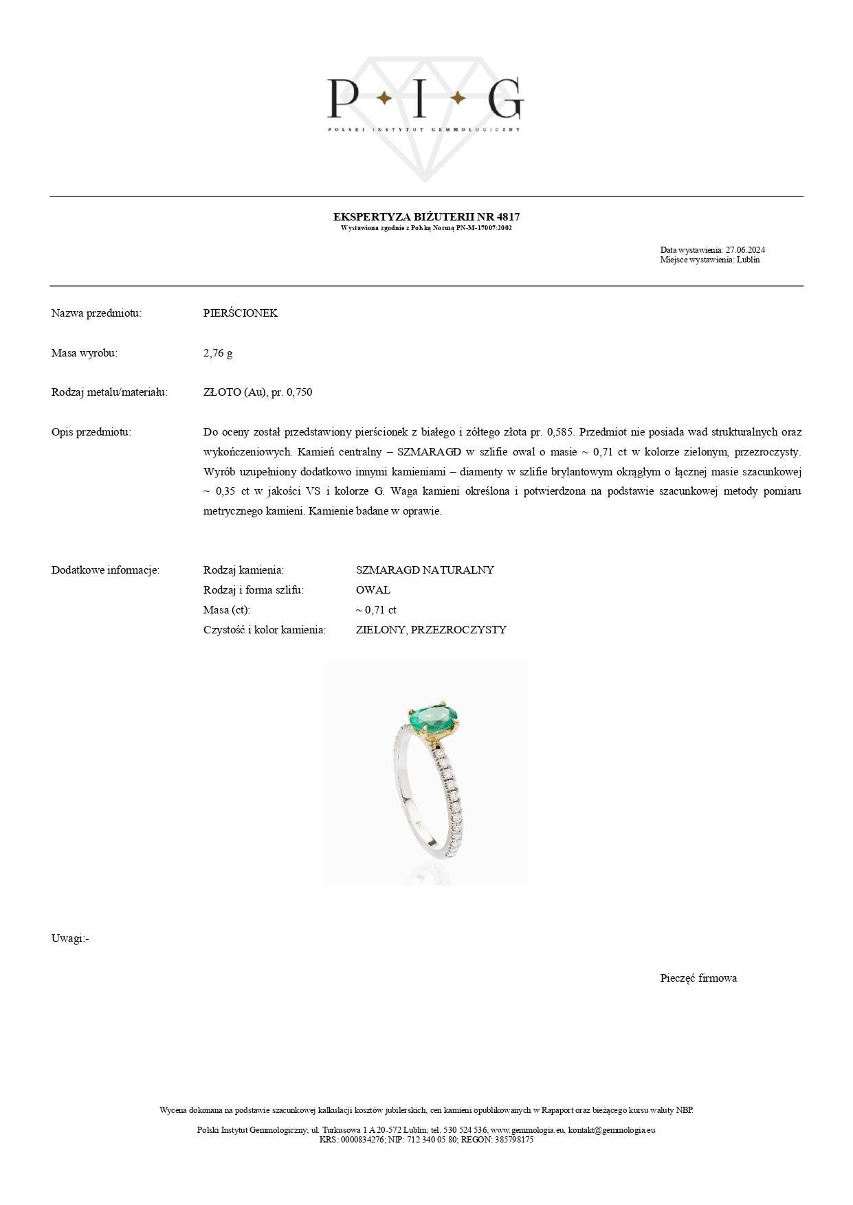 Anello in oro 14k bicolore con smeraldo - 0,71 ct e diamanti - 0,35 ct In condizioni Nuovo in vendita a Warszawa, PL