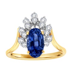 14K Two-Tone Gold Estate Oval Burma Sapphire GIA Diamond Ring, Center 2.01 Carat