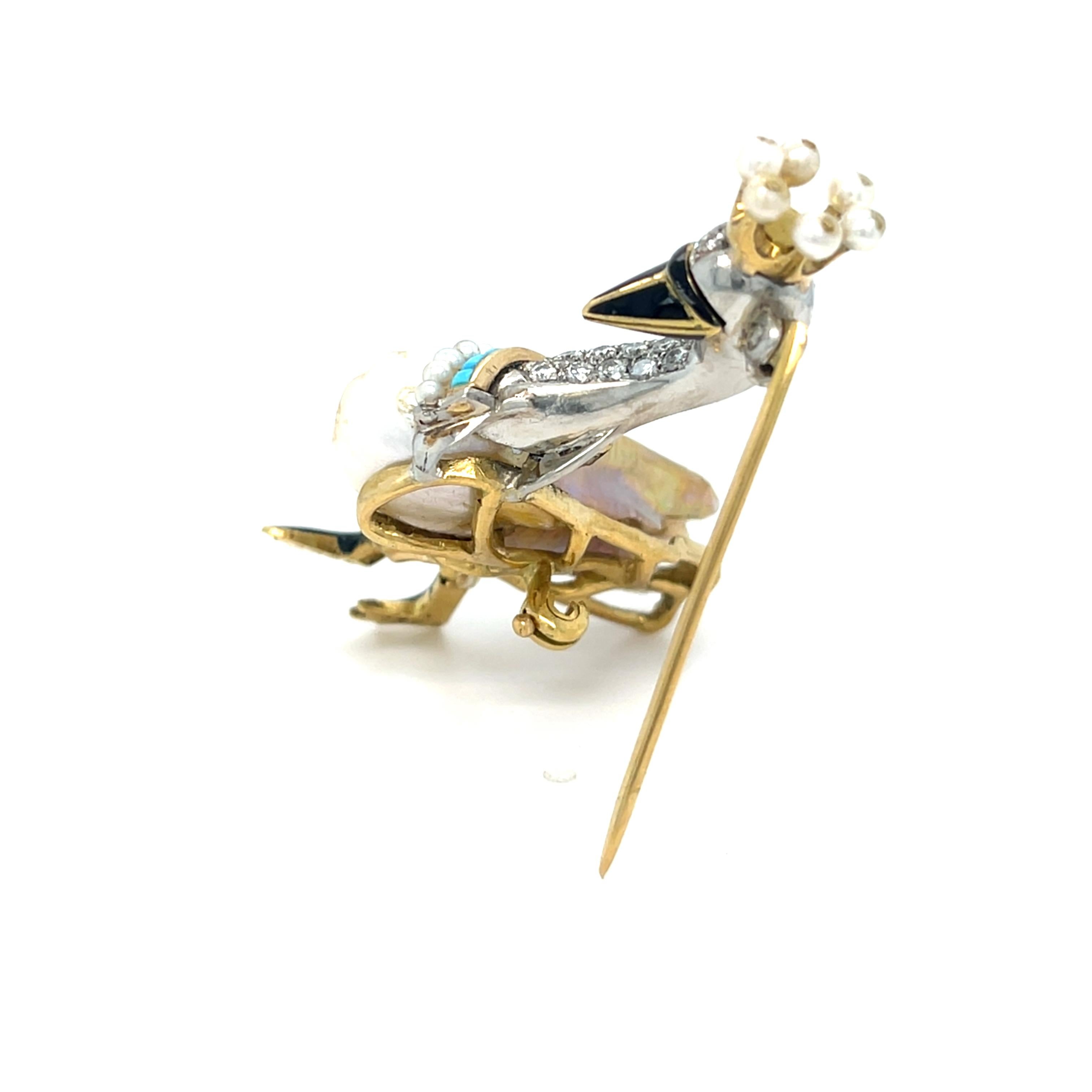 Modern 14k Two-Tone Gold Freshwater Pearl Swan Brooch w/ Diamonds & Facs Pearl Report For Sale