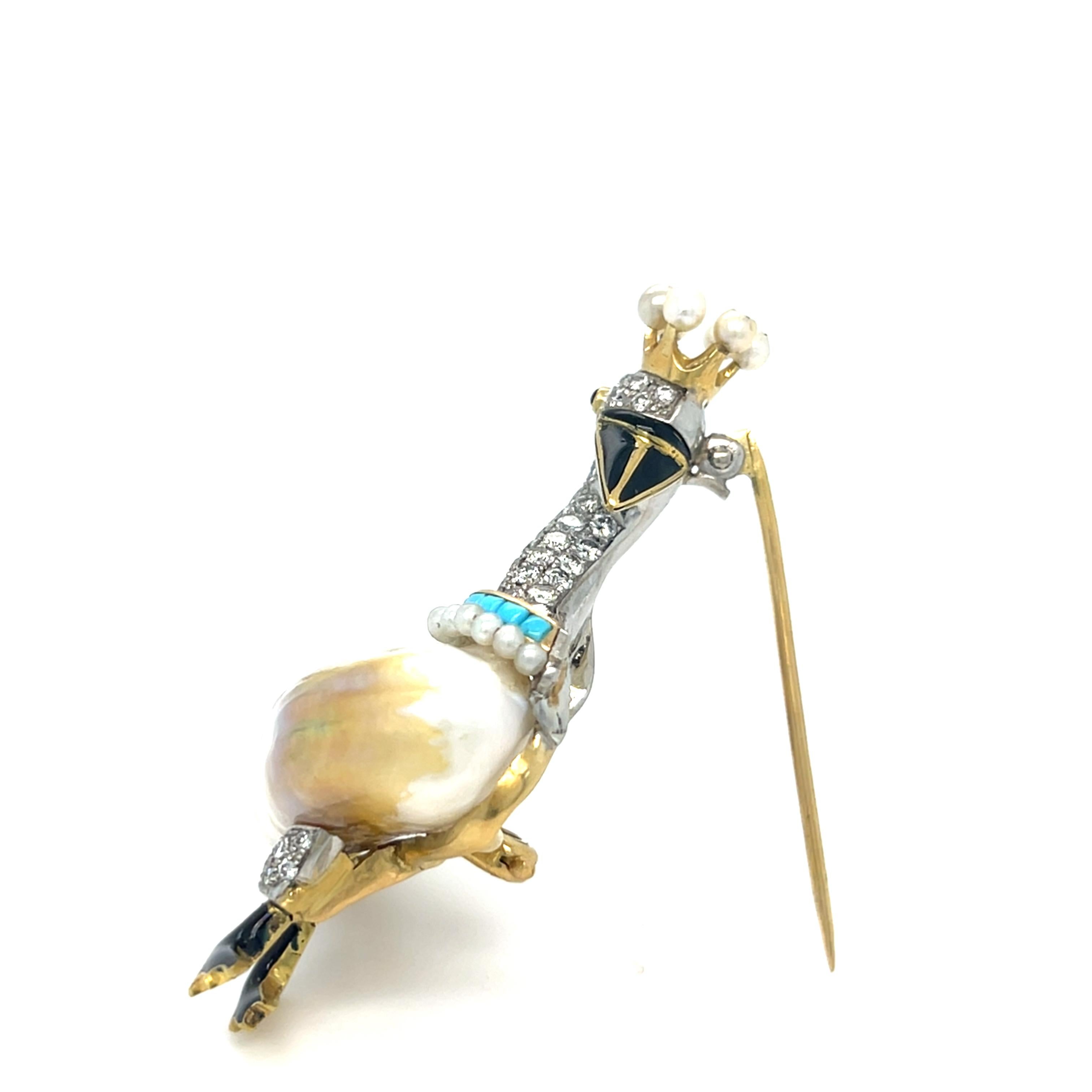 Round Cut 14k Two-Tone Gold Freshwater Pearl Swan Brooch w/ Diamonds & Facs Pearl Report For Sale
