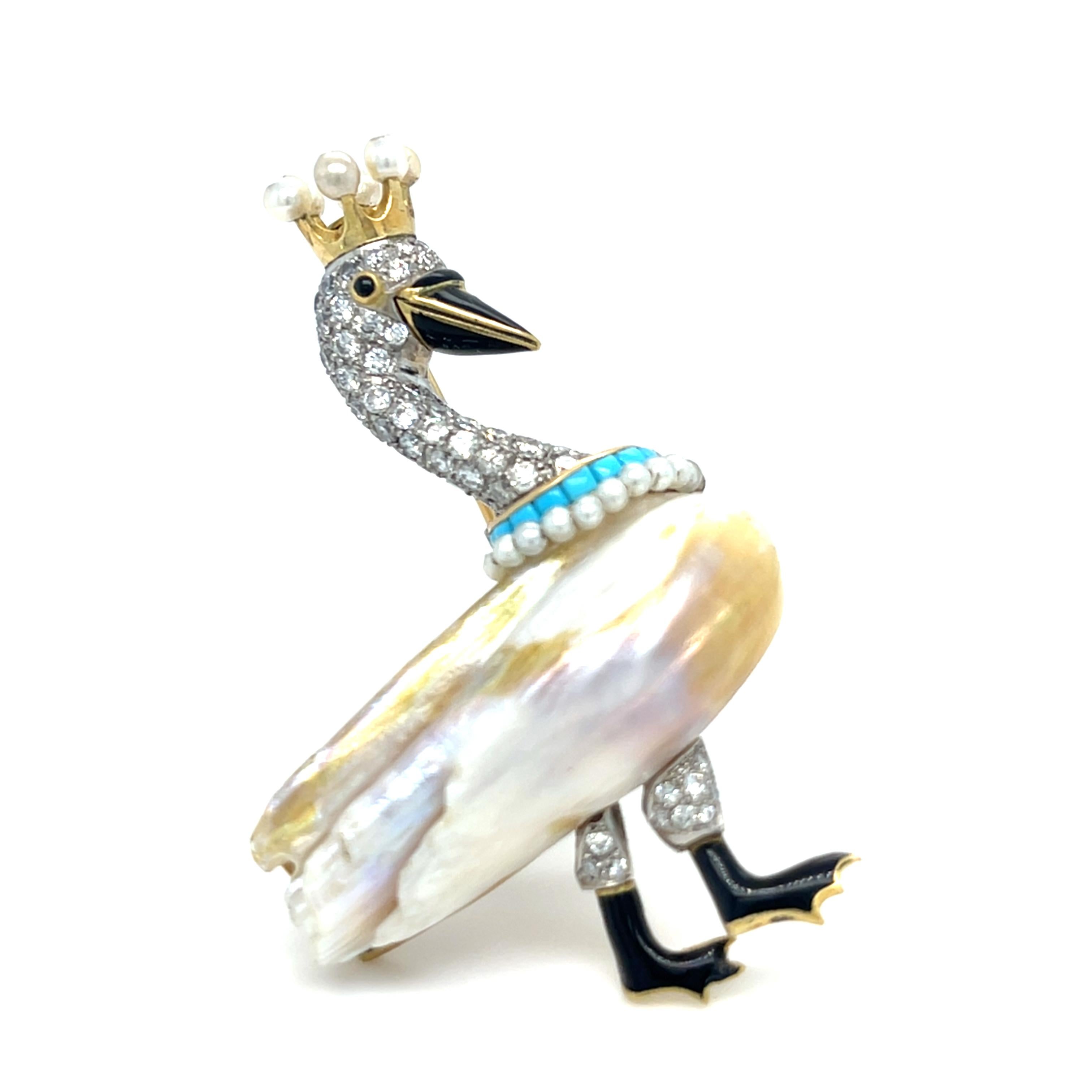 Women's or Men's 14k Two-Tone Gold Freshwater Pearl Swan Brooch w/ Diamonds & Facs Pearl Report For Sale