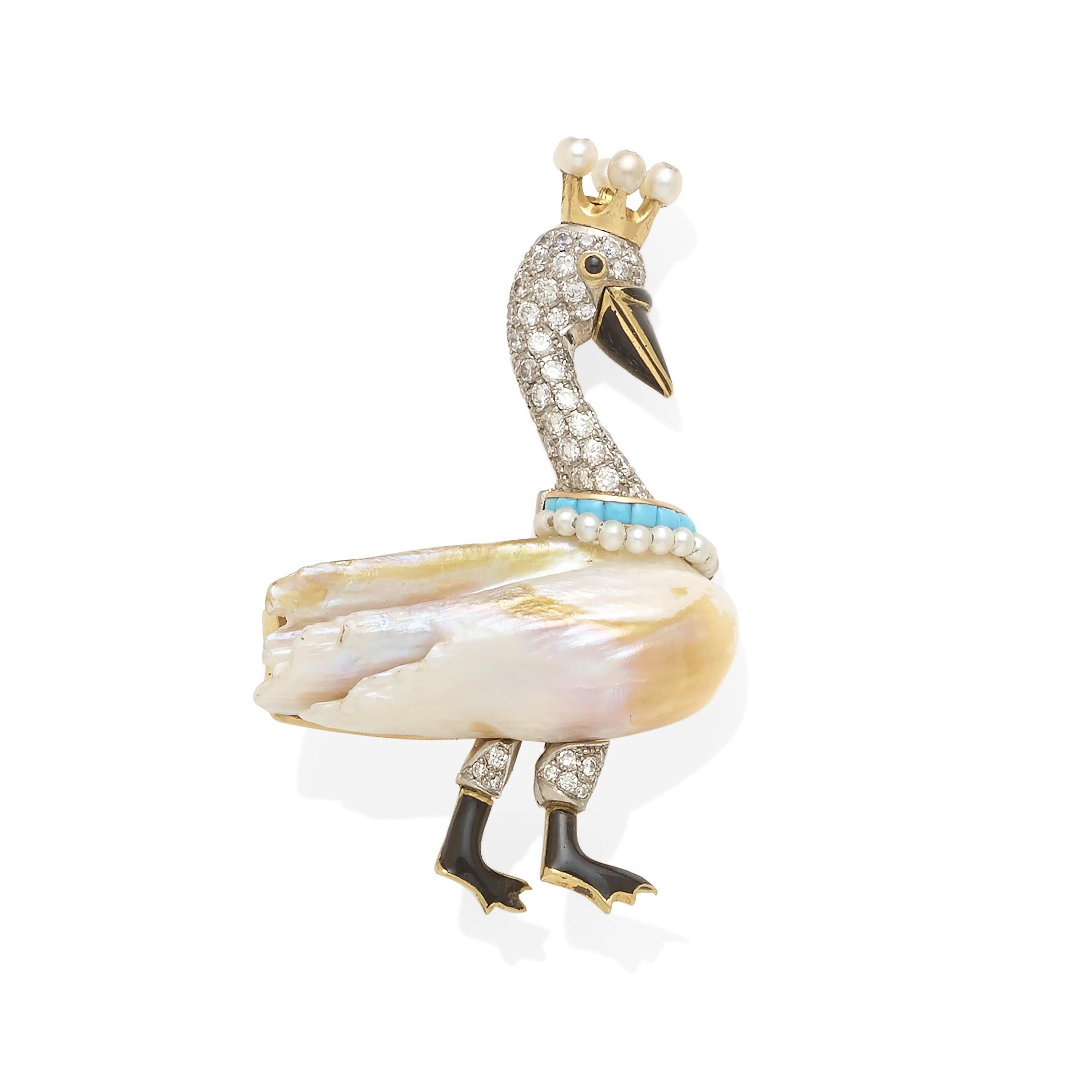 14k Two-Tone Gold Freshwater Pearl Swan Brooch w/ Diamonds & Facs Pearl Report For Sale 3