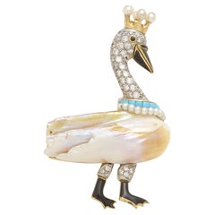 14k Two-Tone Gold Freshwater Pearl Swan Brooch w/ Diamonds & Facs Pearl Report