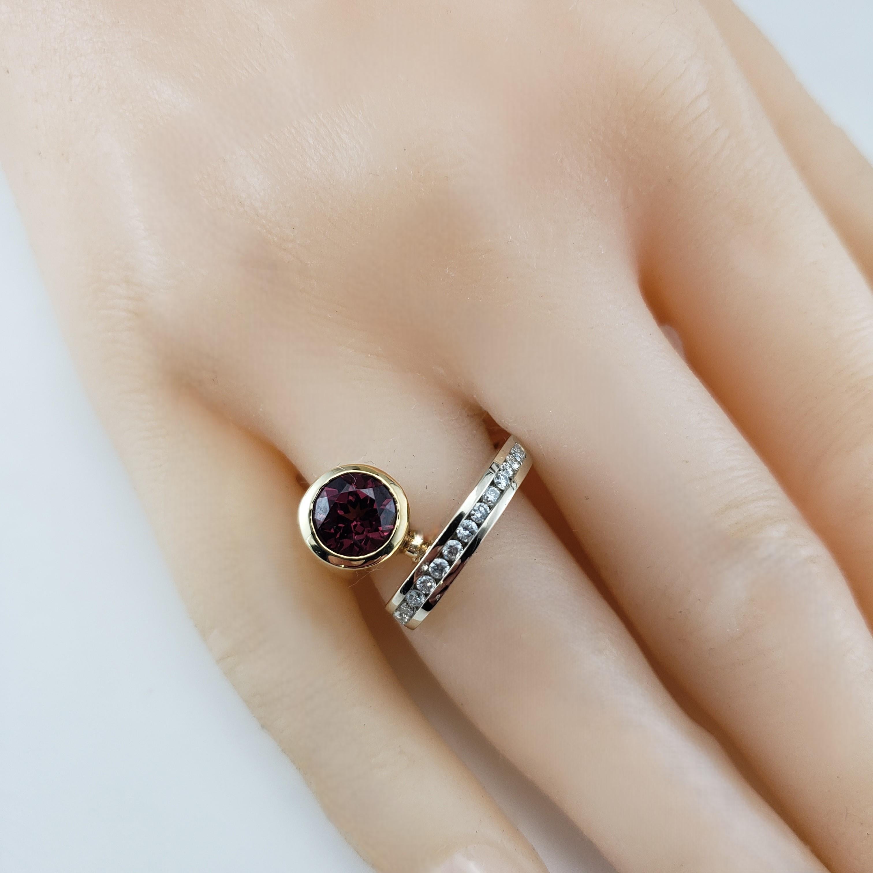 14K Two Tone Gold Garnet & Diamond Bypass Ring Size 6.5  #19748 For Sale 2