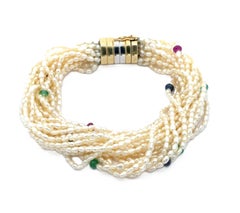 14k Two Tone Gold Geometric Clasp Multi Strand Torsade Pearl Gemstone Bracelet