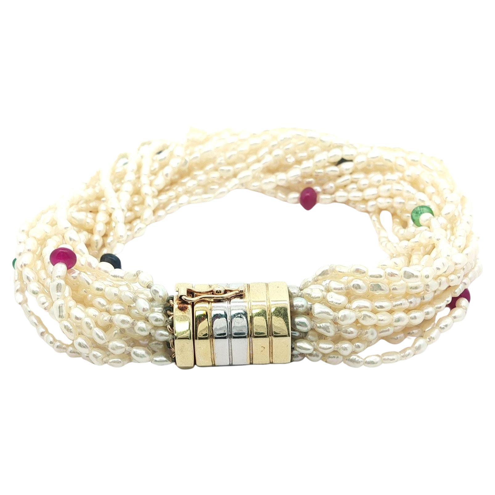 14k Zwei-Ton-Gold Geometrische Verschluss Multi Strand Torsade Perle Edelstein-Armband im Angebot