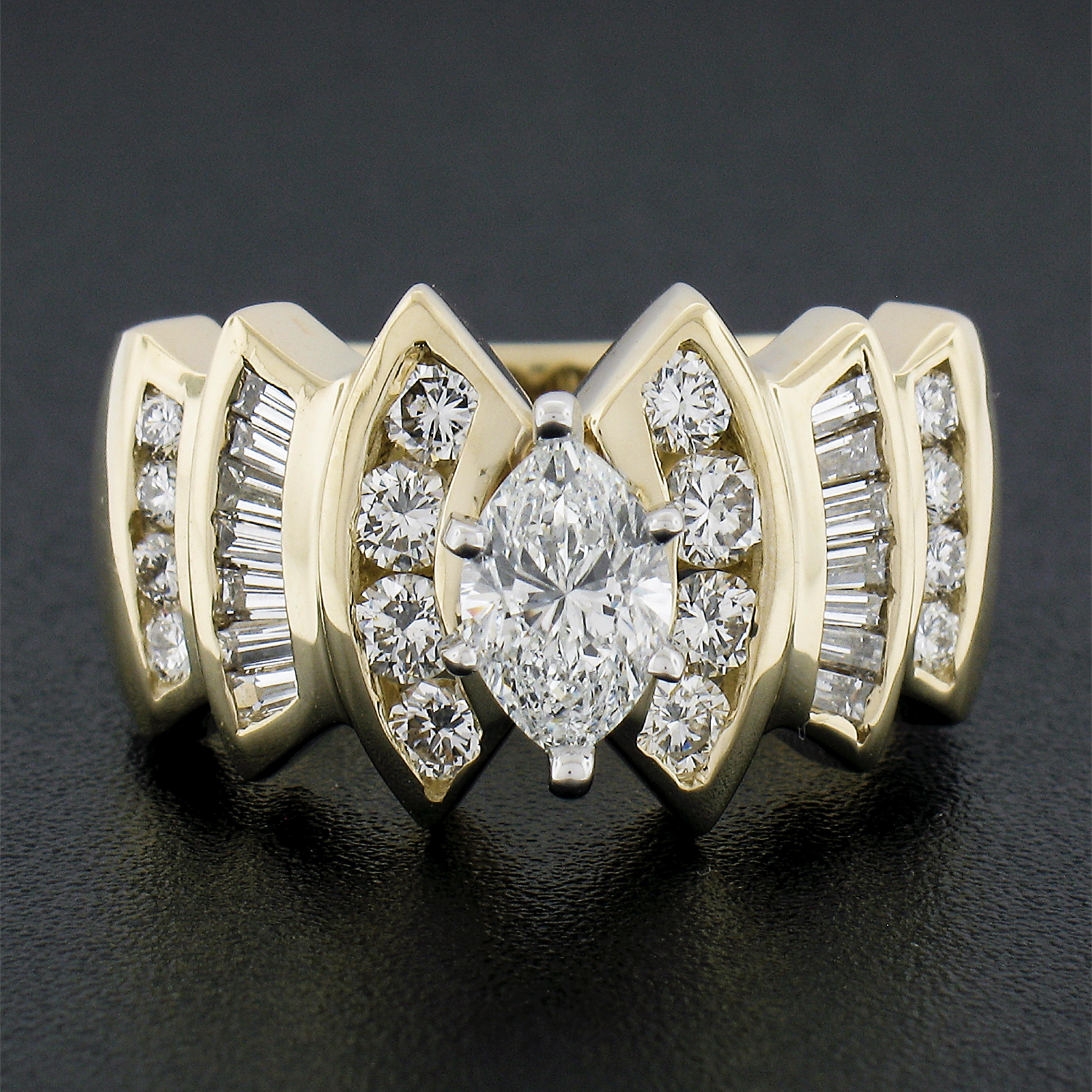 14k zweifarbiges Gold Gia 1,62 Karat Marquise Diamant Substantial Breiter Verlobungsring (Marquiseschliff)