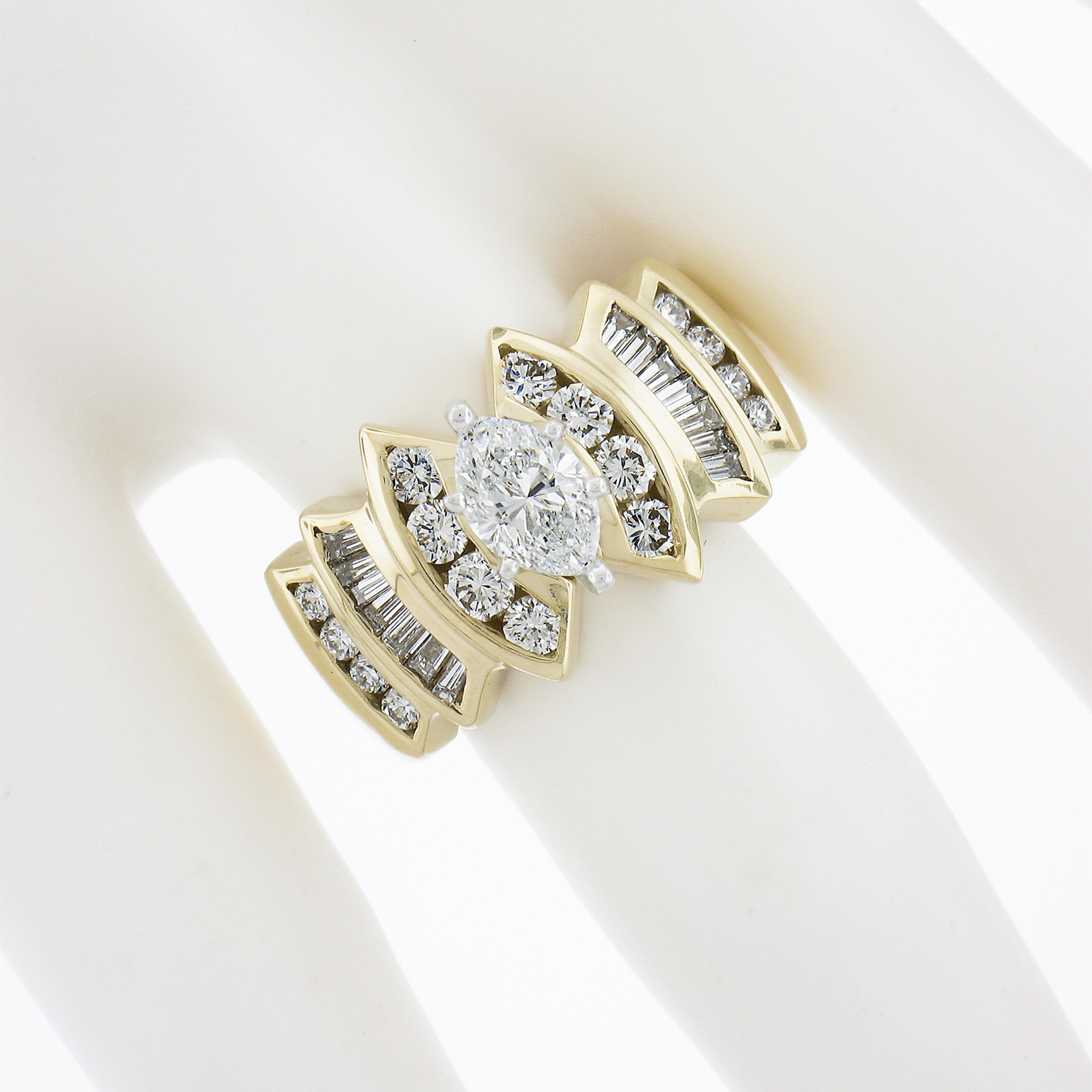 14k zweifarbiges Gold Gia 1,62 Karat Marquise Diamant Substantial Breiter Verlobungsring im Zustand „Hervorragend“ in Montclair, NJ