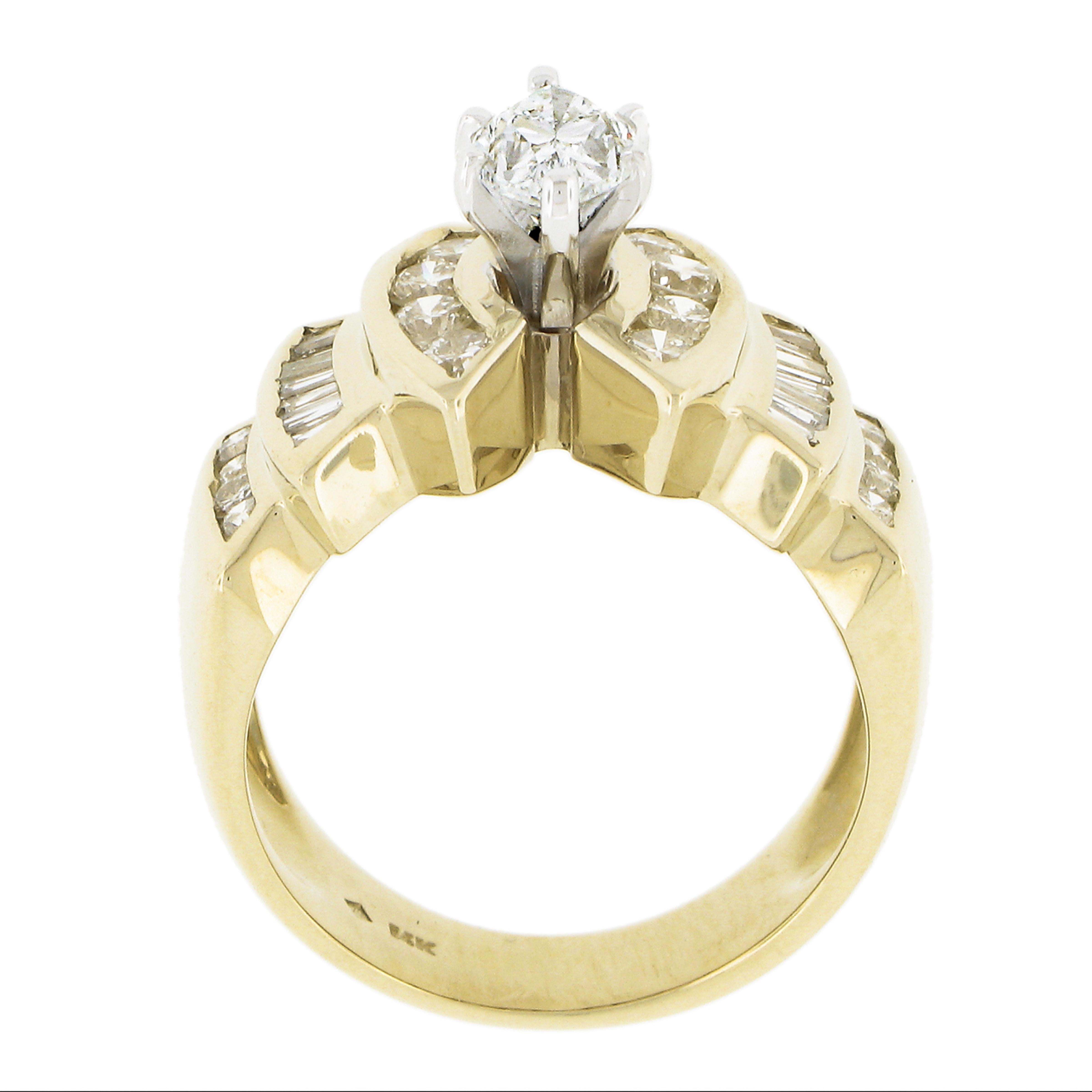 14k Two Tone Gold Gia 1.62ctw Marquise Diamond Substantial Wide Engagement Ring For Sale 3