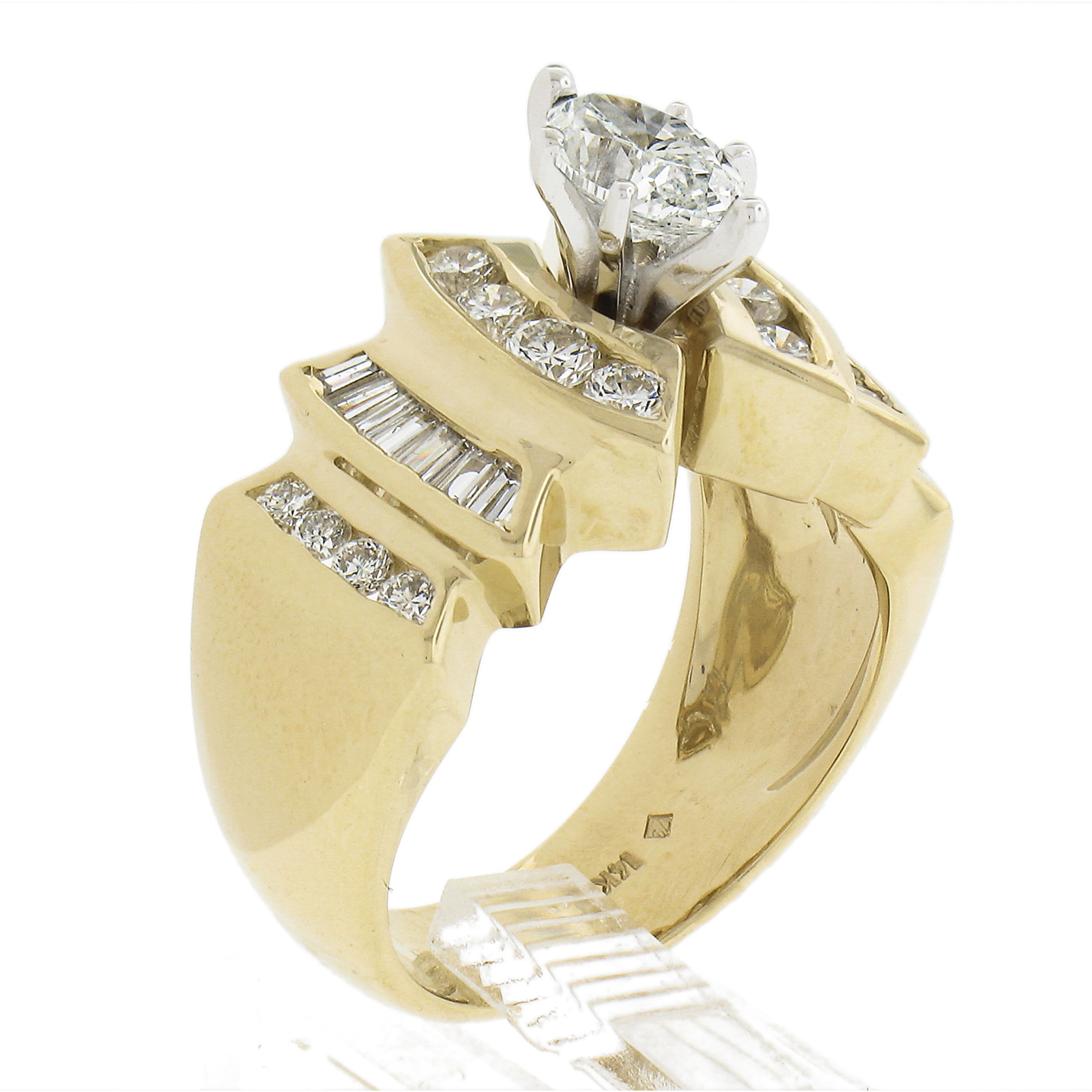 14k Two Tone Gold Gia 1.62ctw Marquise Diamond Substantial Wide Engagement Ring For Sale 4