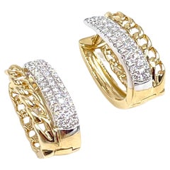 14K Two Tone Gold Huggie Earrings with Chain Design and Diamonds