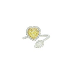 14K Two Tone Gold Natural Fancy Yellow Heart Shape Diamond Crossover Ring