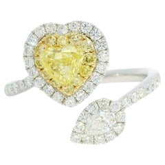 14K Two Tone Gold Natural Fancy Yellow Heart Shape Diamond Crossover Ring