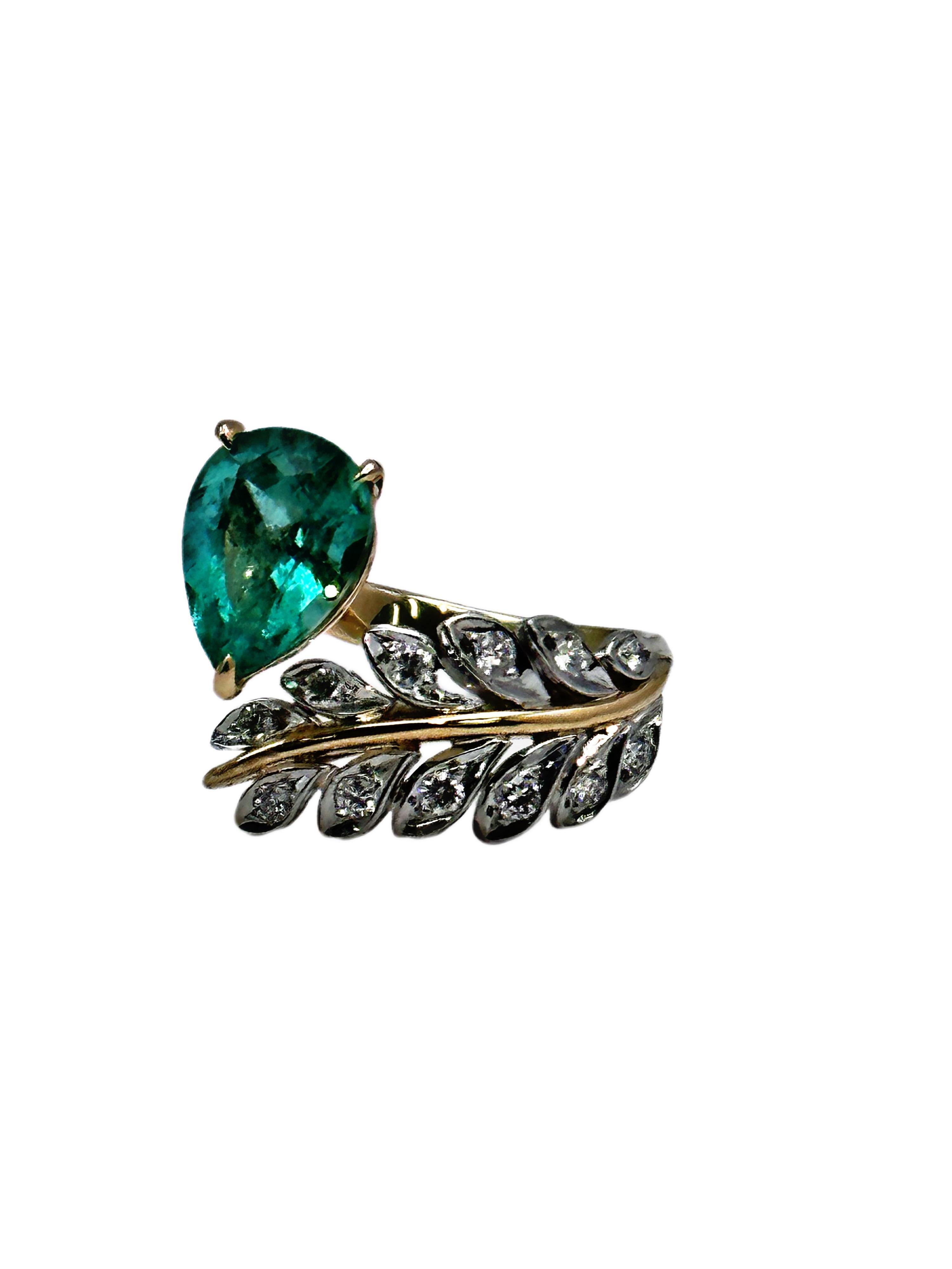 For Sale:  14K Two Tone Gold Pear Shape Emerald Center and Laurel Diamond Ring 3